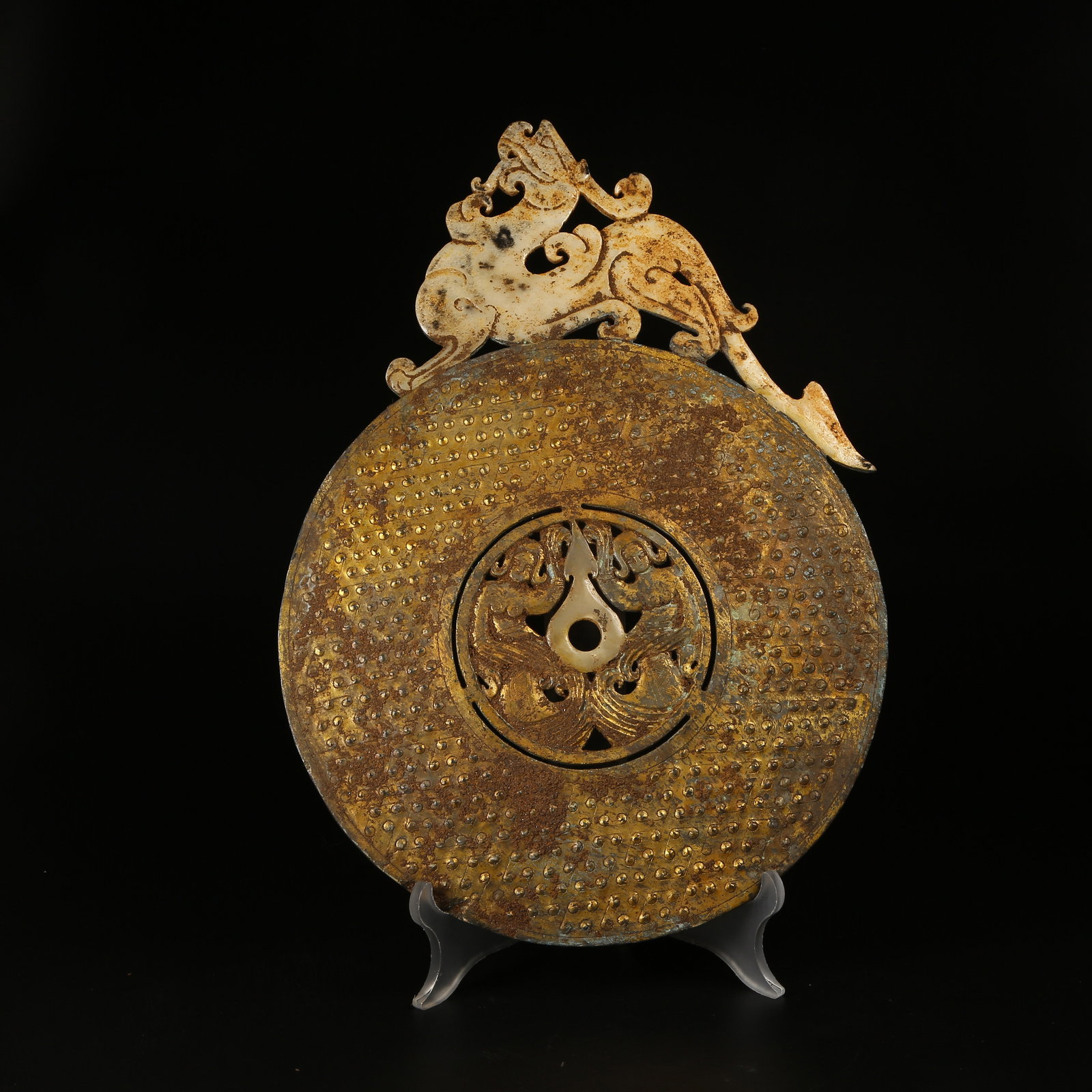 A ARCHAIC JADE BI DISC WITH GILDED AUSPICIOUS BEAST DESIGN (1 of 9)