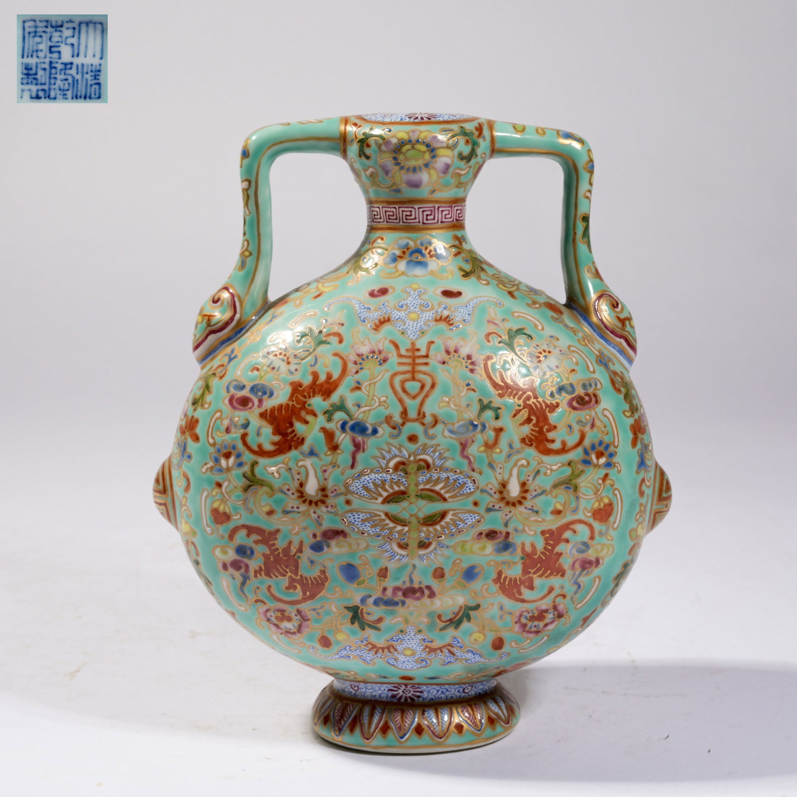 A TURQUOISE-GREEN GROUND FAMILLE ROSE "GREAT FORTUNE" RIBBON-HANDLED MOON-EMBRACING VASE (1 of 10)