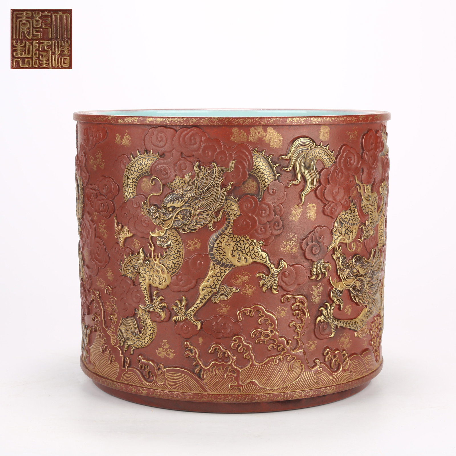 A ANTIQUE-STYLE BRONZE-COLORED PORCELAIN BRUSH POT WITH CLOUD AND DRAGON PATTERN (1 of 9)