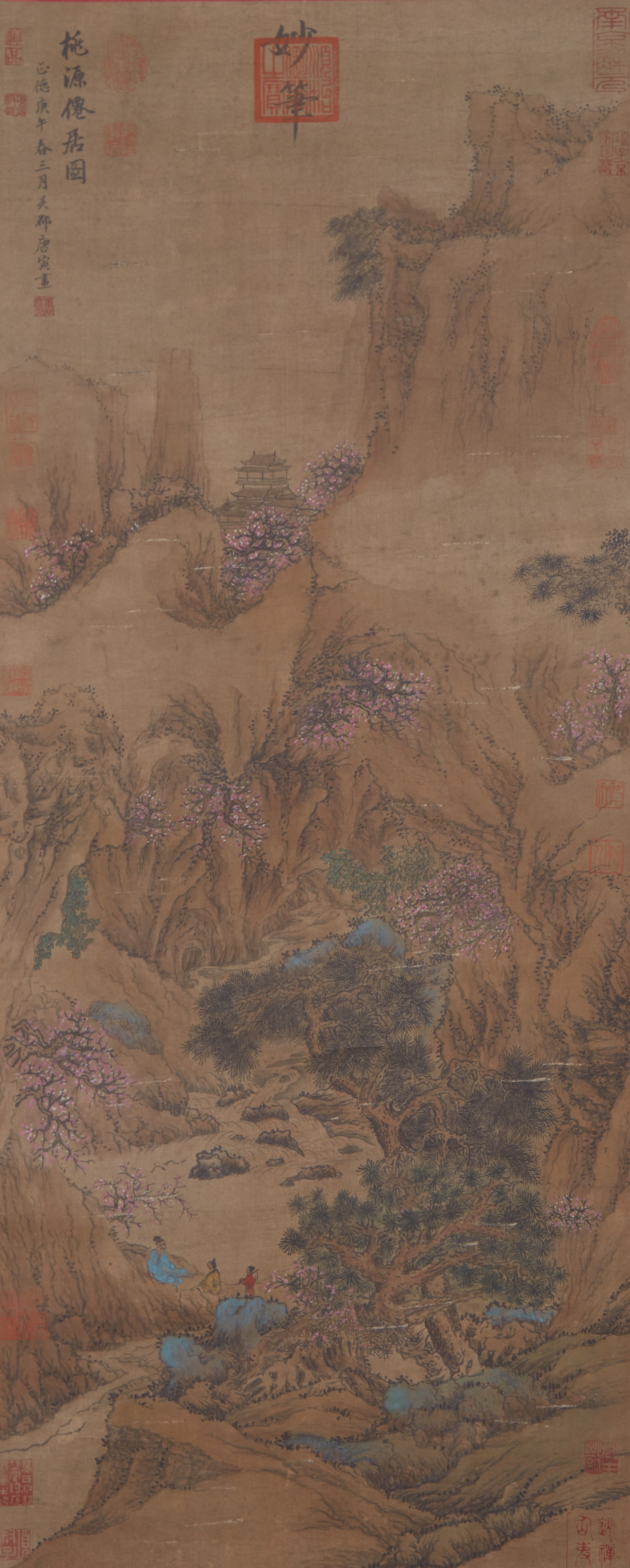 A "IMMORTAL DWELLING IN PEACH GARDEN", PAINTING ON SILK BY TANG BOHU.唐伯虎: "Immortal Dwelling in Peach Garden", Painting on Silk by Tang Bohu.唐伯虎