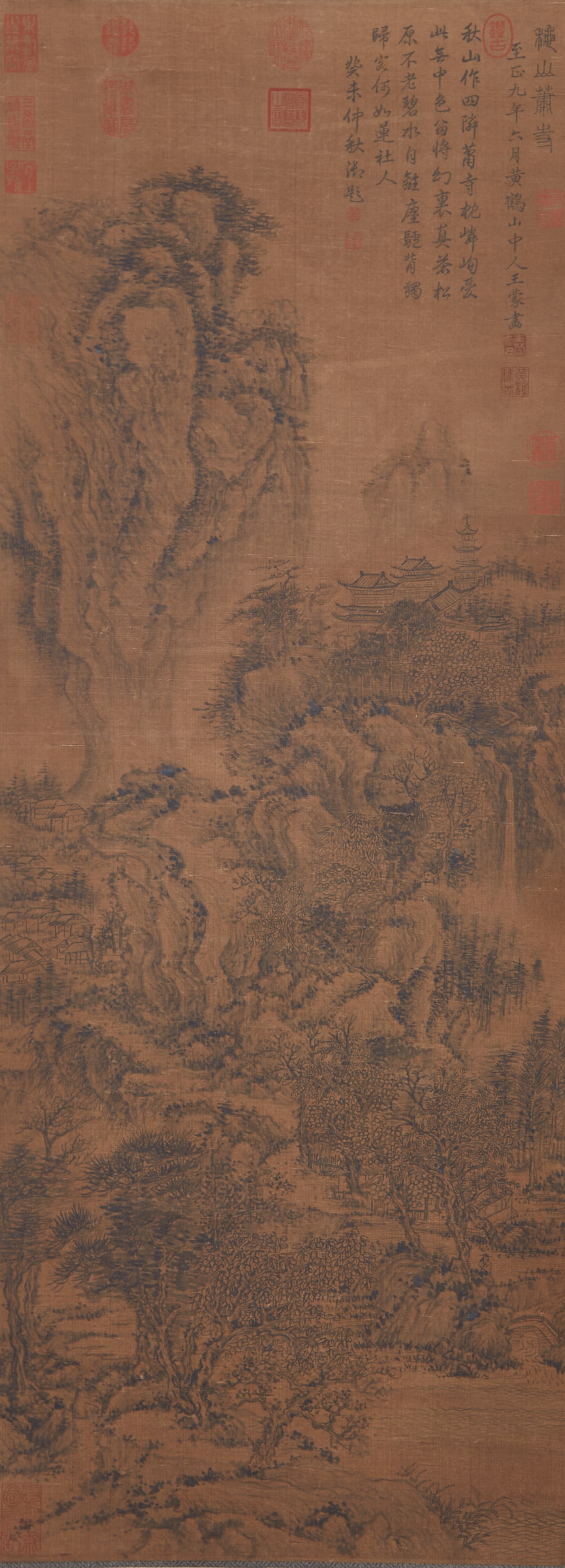 A "STREAM AND MOUNTAIN WITH A QUIET TEMPLE" PAINTING ON SILK BY WANG MENG.王蒙 (1 of 13)
