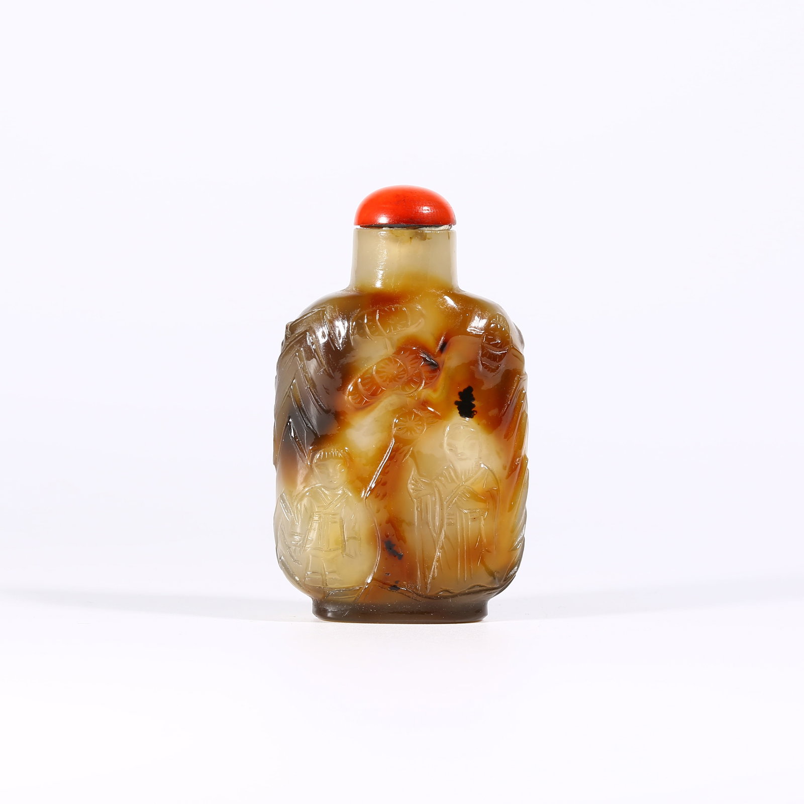 A AGATE SNUFF BOTTLE WITH "SCHOLAR UNDER THE PINE" SCENE (1 of 9)