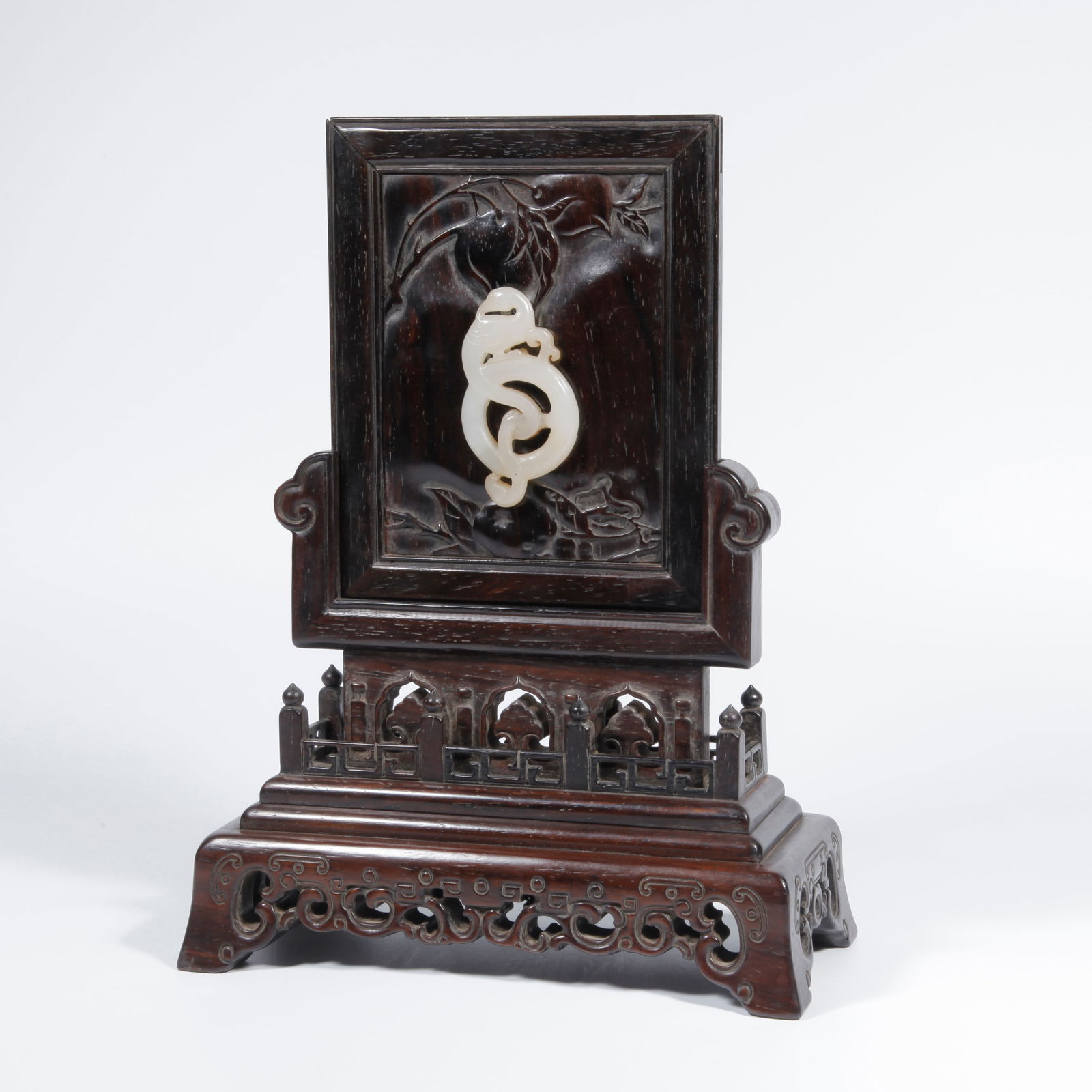 A ZITAN WOOD CARVING INLAID HETIAN JADE TABLE SCREEN (1 of 10)