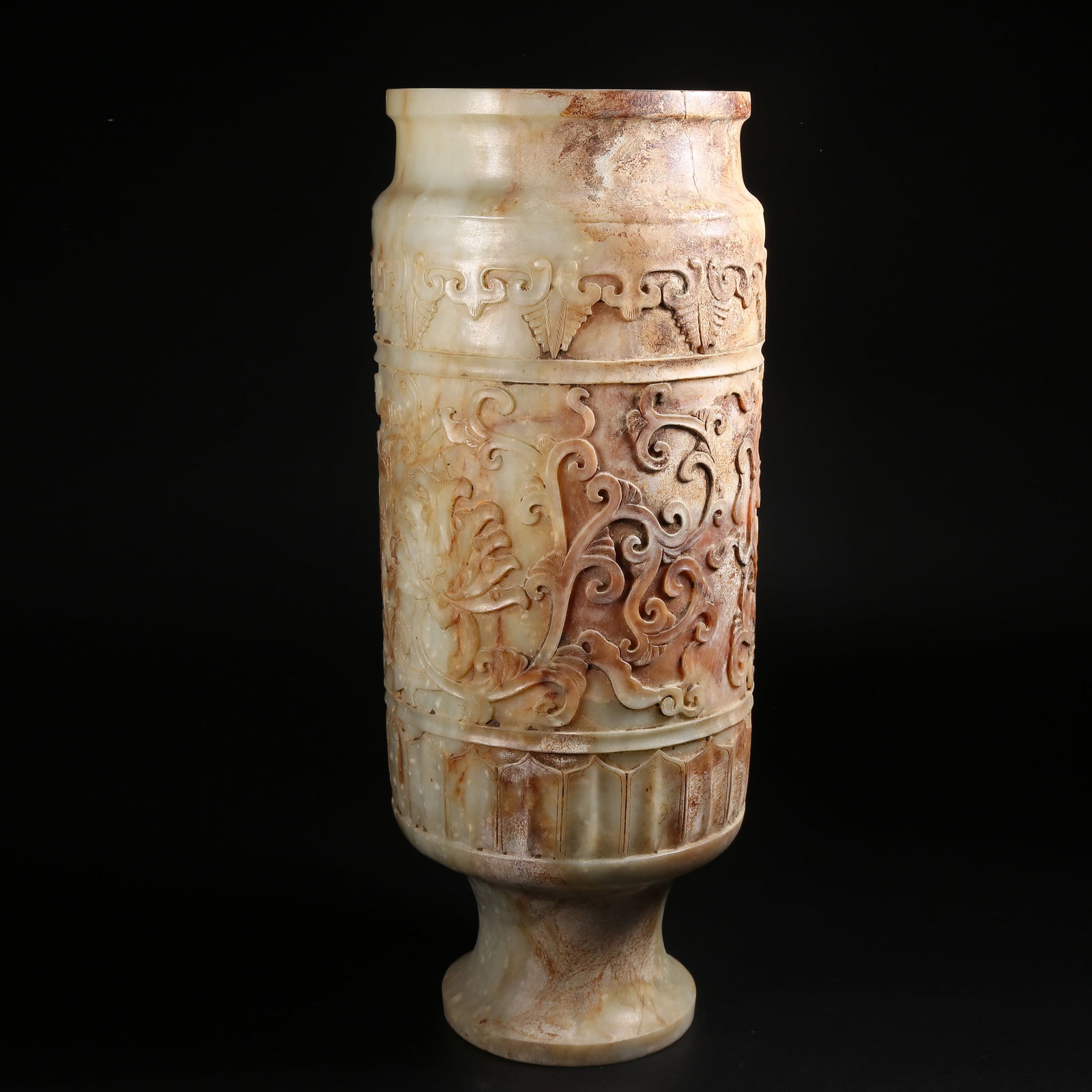 A ARCHAIC JADE HIGH-FOOTED VASE WITH ENTWINED FLORAL MOTIFS (1 of 9)