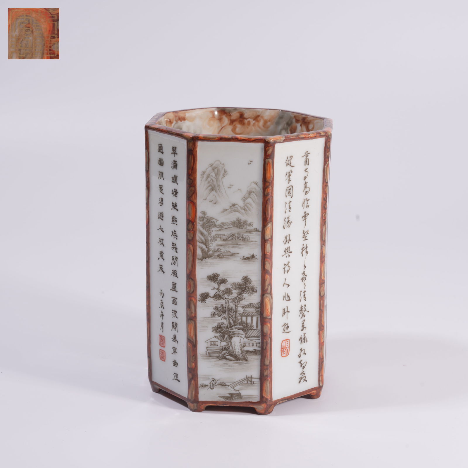 A OCTAGONAL BRUSH HOLDER WITH INK-AND-COLOR LANDSCAPE AND PAVILION MOTIFS (1 of 9)