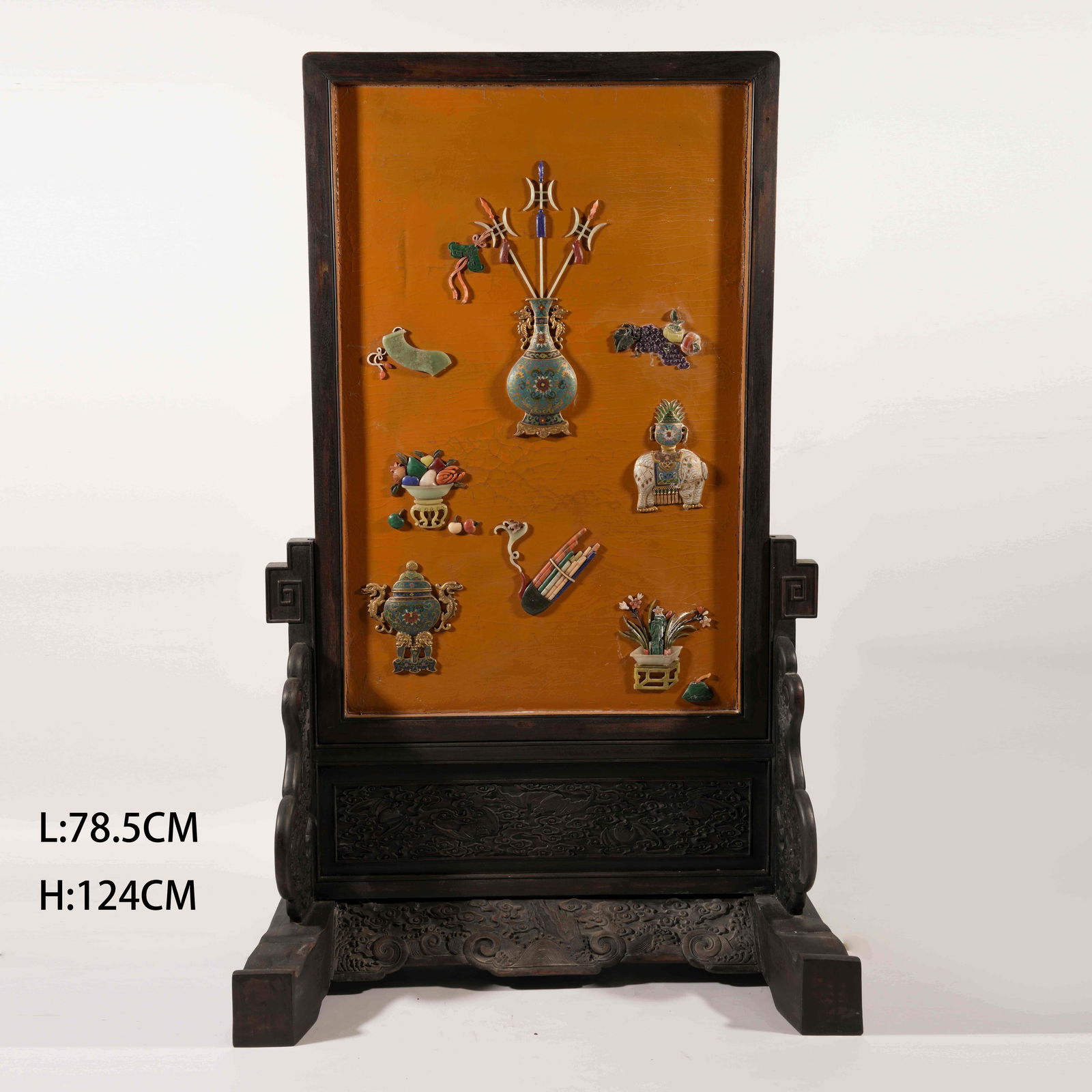 A HUANGHUALI SCREEN PANEL INLAID WITH CLOISONNÉ ENAMEL ON BRONZE AND "HUNDRED TREASURES", DECORATED: Huanghuali Screen Panel Inlaid with Cloisonné Enamel on Bronze and "Hundred Treasures", Decorated with Antiquities Motif