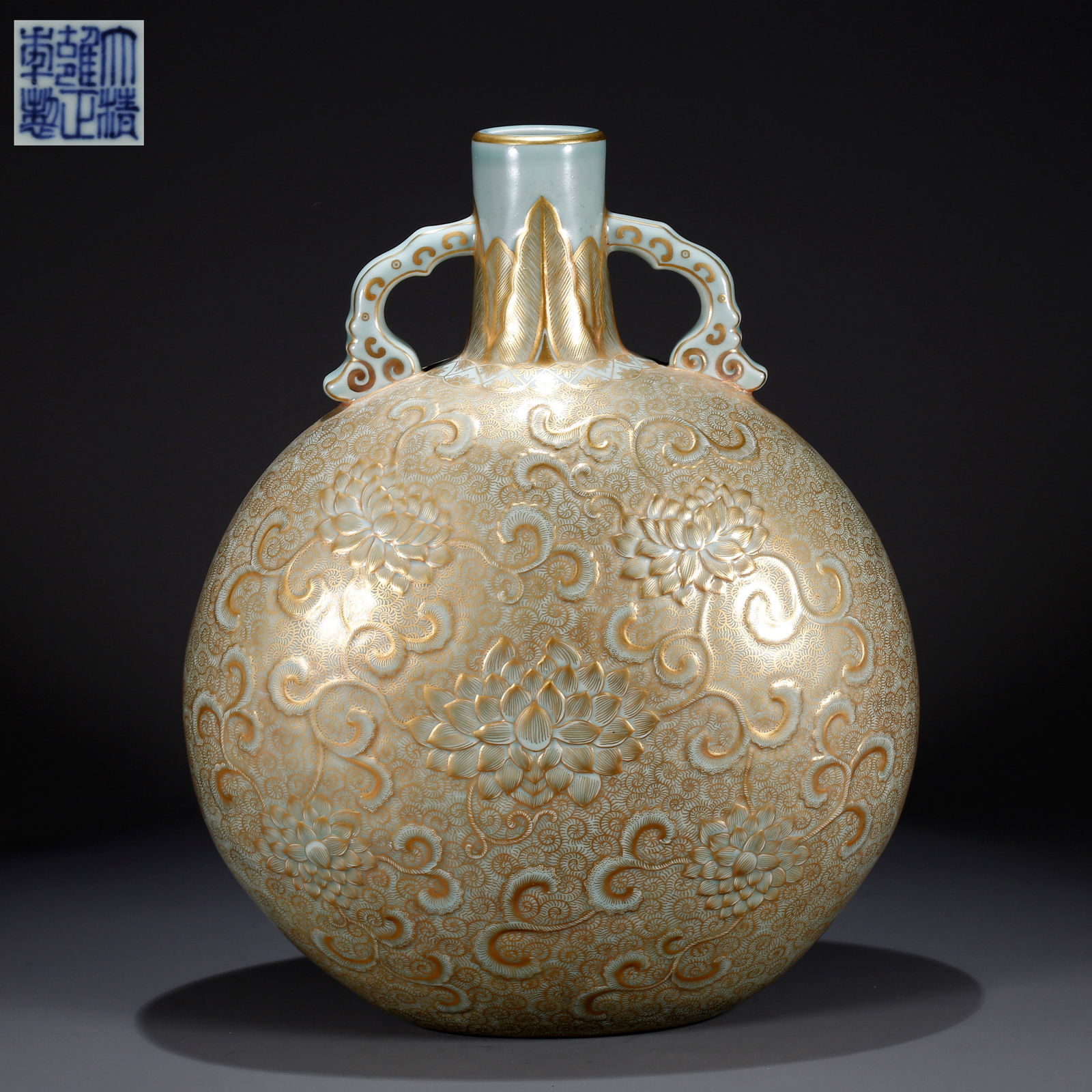 A WHITE GLAZE WITH GILT DOUBLE-HANDLED MOON-HOLDING VASE: White glaze with gilt double-handled moon-holding vase
