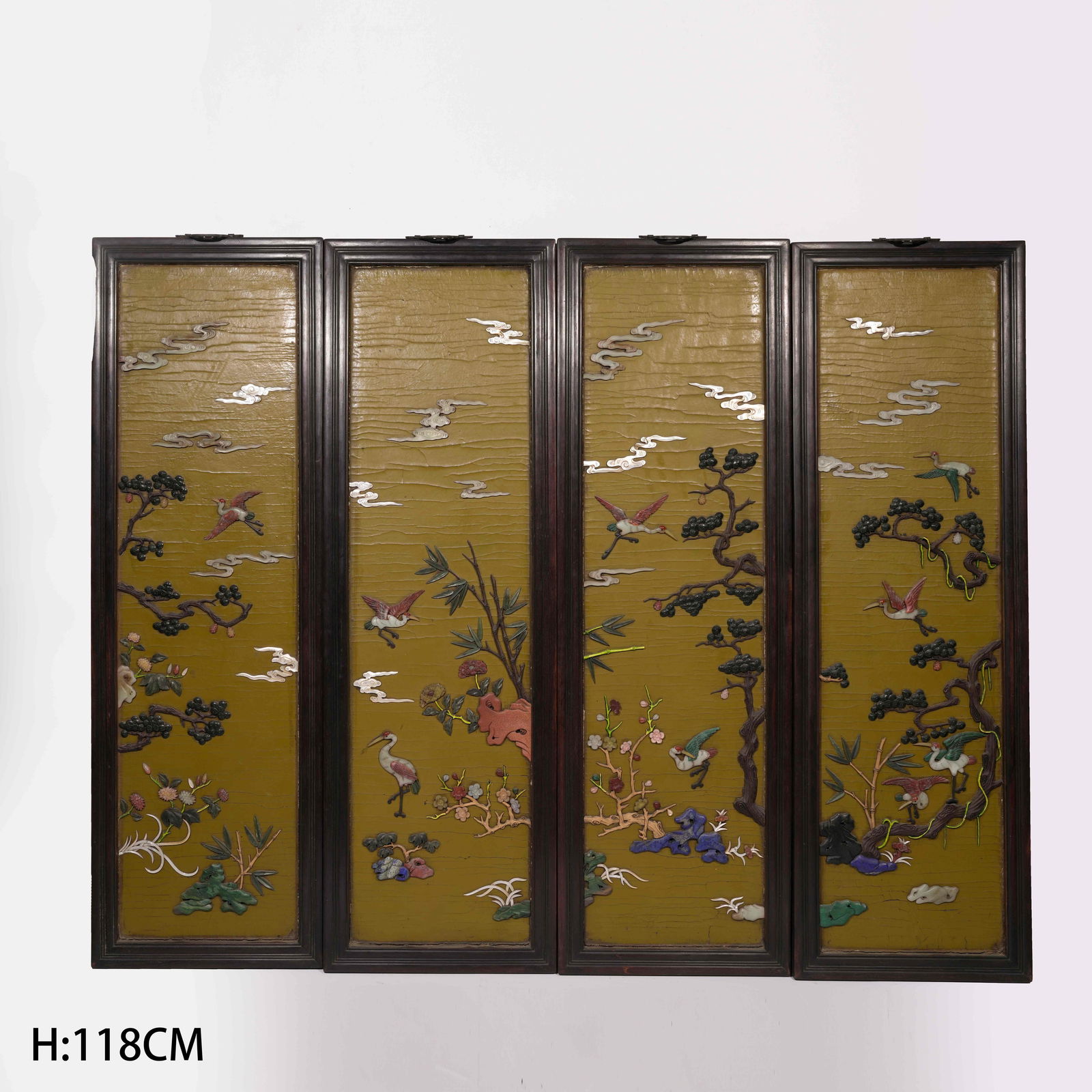 A SET OF ZITAN "HUNDRED TREASURES" INLAID HANGING PANELS WITH PINE AND CRANE LONGEVITY MOTIF: Set of Zitan "Hundred Treasures" Inlaid Hanging Panels with Pine and Crane Longevity Motif