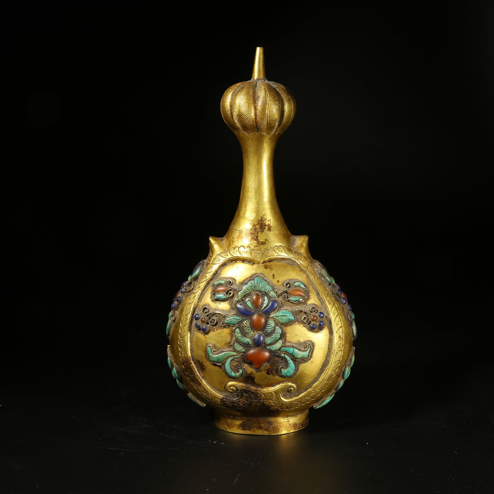 A GILT BRONZE GARLIC MOUTH VASE WITH INLAID GEMSTONES (1 of 9)
