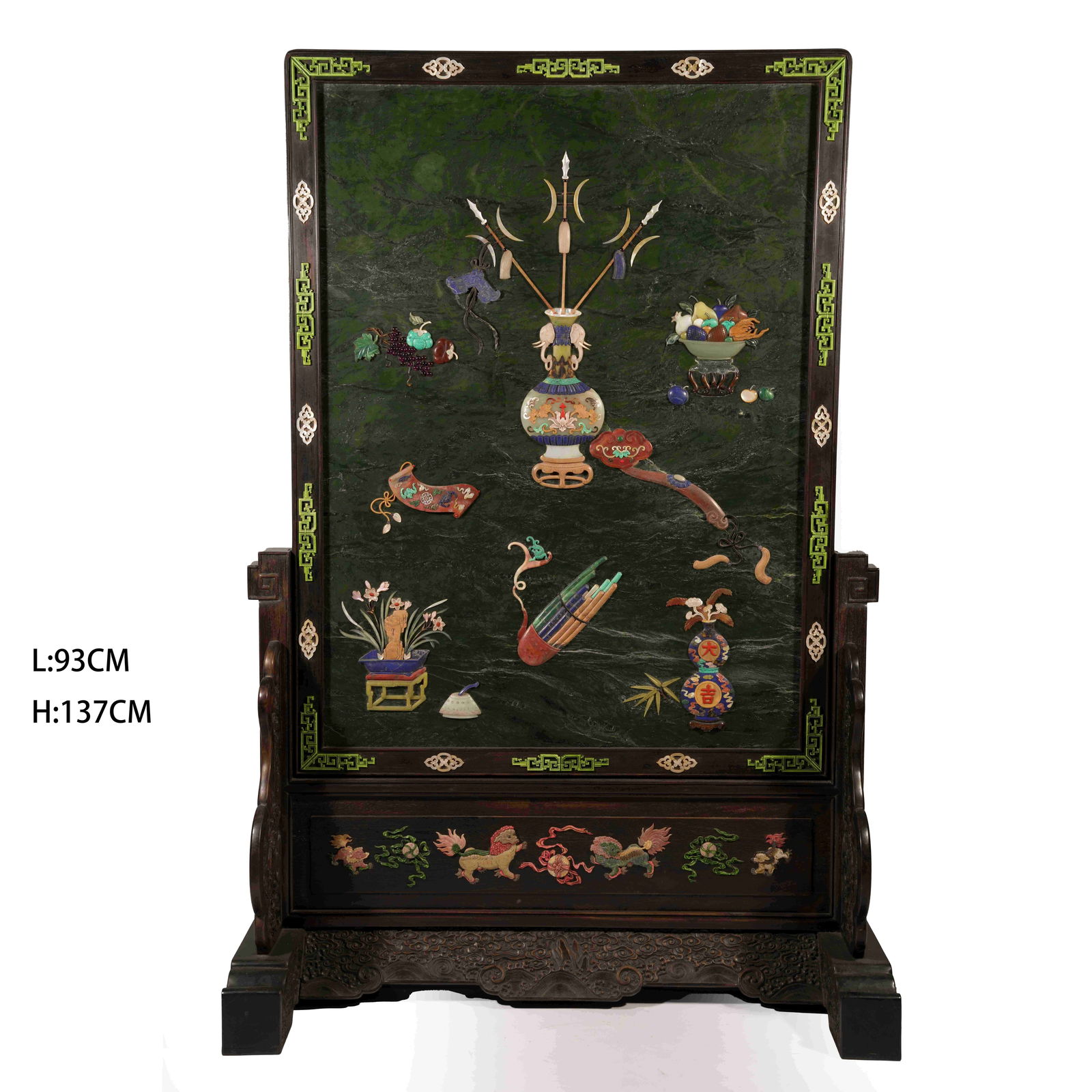 A HUANGHUALI SCREEN PANEL INLAID WITH SPINACH GREEN JADE AND "HUNDRED TREASURES", DECORATED WITH (1 of 11)