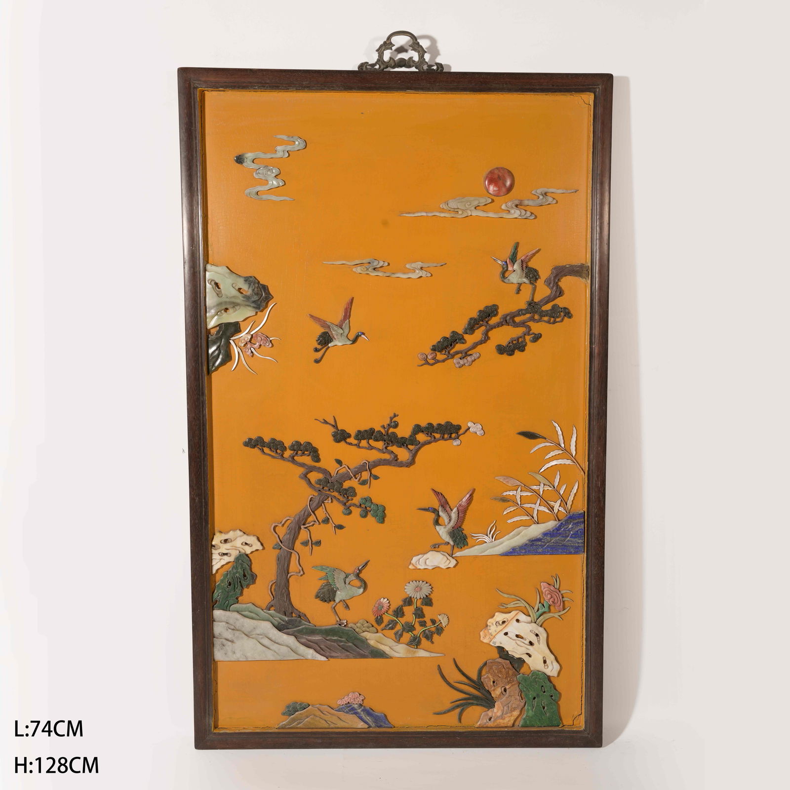 A HUANGHUALI "HUNDRED TREASURES" INLAID HANGING PANEL WITH PINE AND CRANE LONGEVITY MOTIF: Huanghuali "Hundred Treasures" Inlaid Hanging Panel with Pine and Crane Longevity Motif