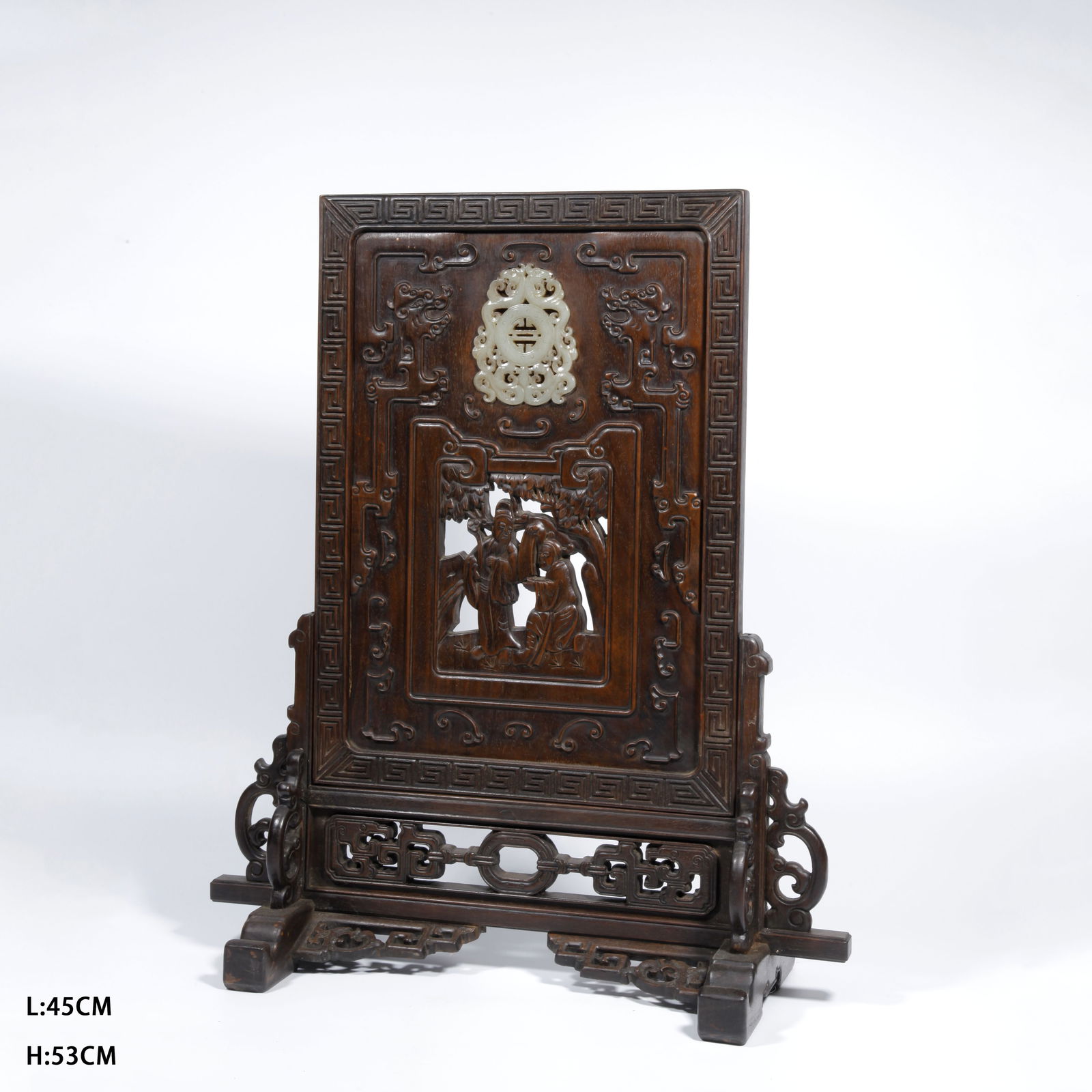 A ZITAN WOOD CARVING INLAID HETIAN JADE FIGURE STORY PATTERN TABLE SCREEN (1 of 9)
