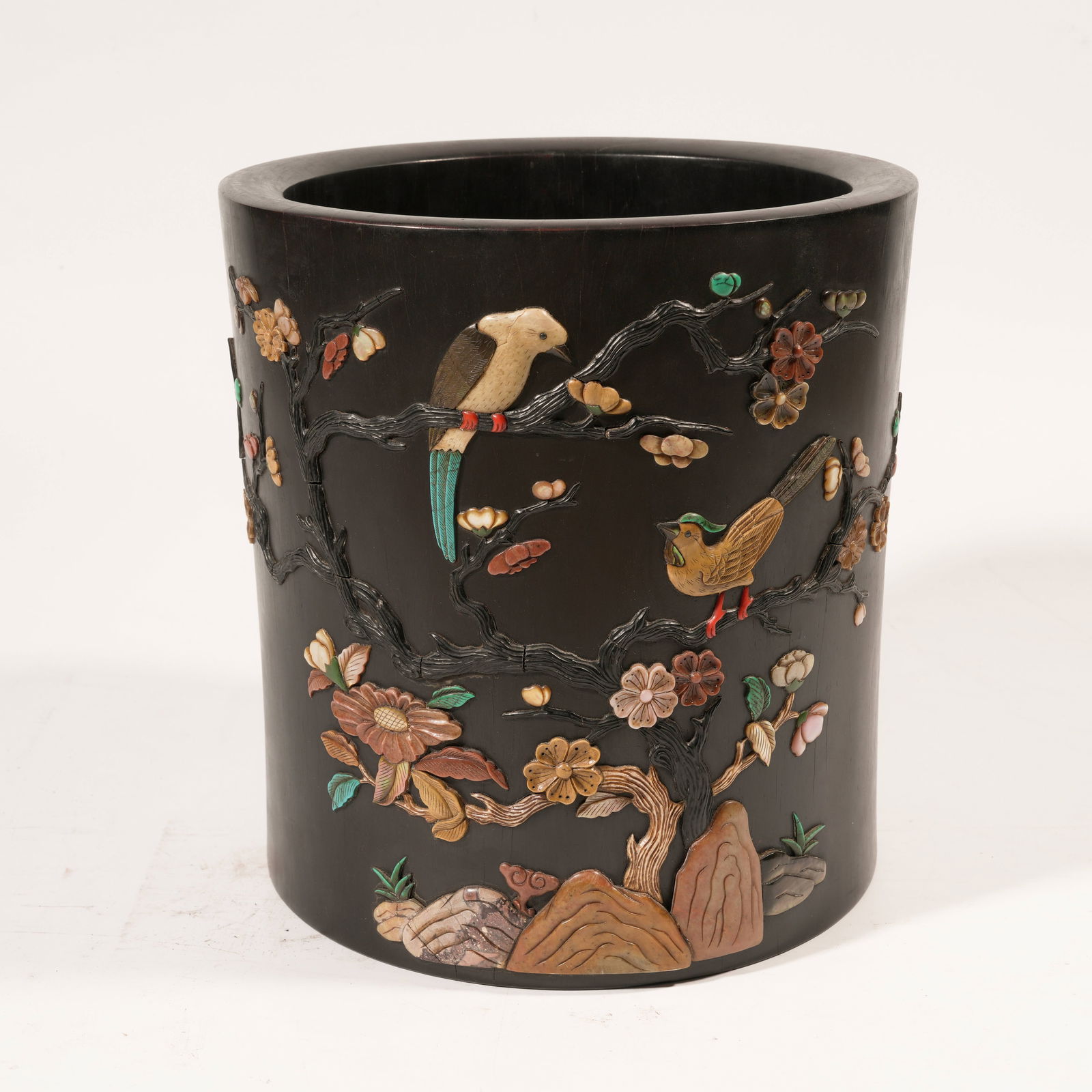 A ZITAN "HUNDRED TREASURES" INLAID BRUSH REST WITH BIRD-AND-FLOWER MOTIF: Zitan "Hundred Treasures" Inlaid Brush Rest with Bird-and-Flower Motif