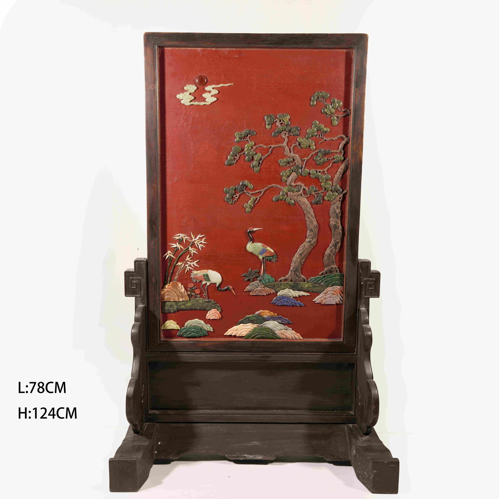 A HUANGHUALI "HUNDRED TREASURES" INLAID SCREEN PANEL WITH PINE AND CRANE LONGEVITY MOTIF: Huanghuali "Hundred Treasures" Inlaid Screen Panel with Pine and Crane Longevity Motif