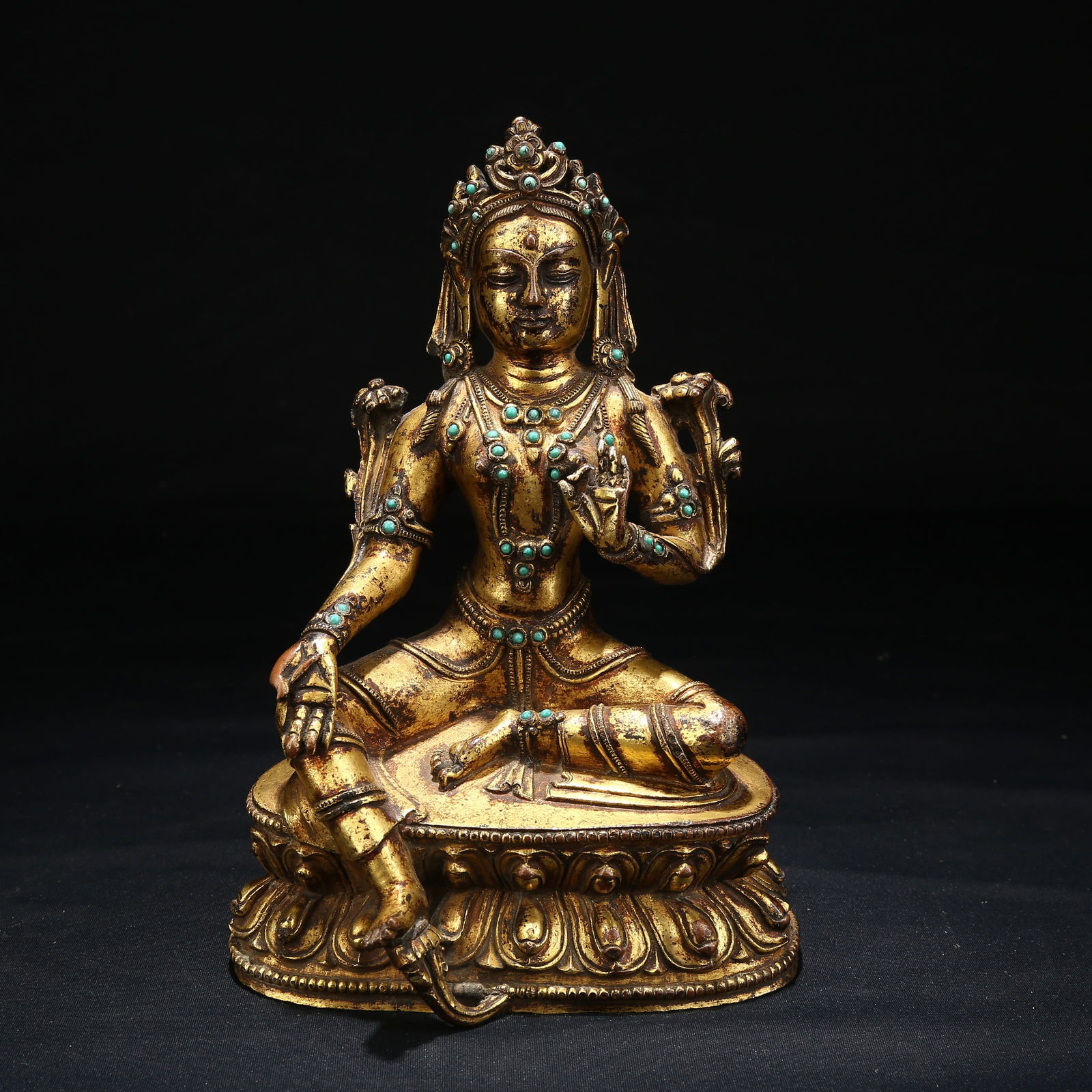 A GILT BRONZE INLAID TURQUOISE GREEN TARA STATUE: Gilt Bronze Inlaid Turquoise Green Tara Statue