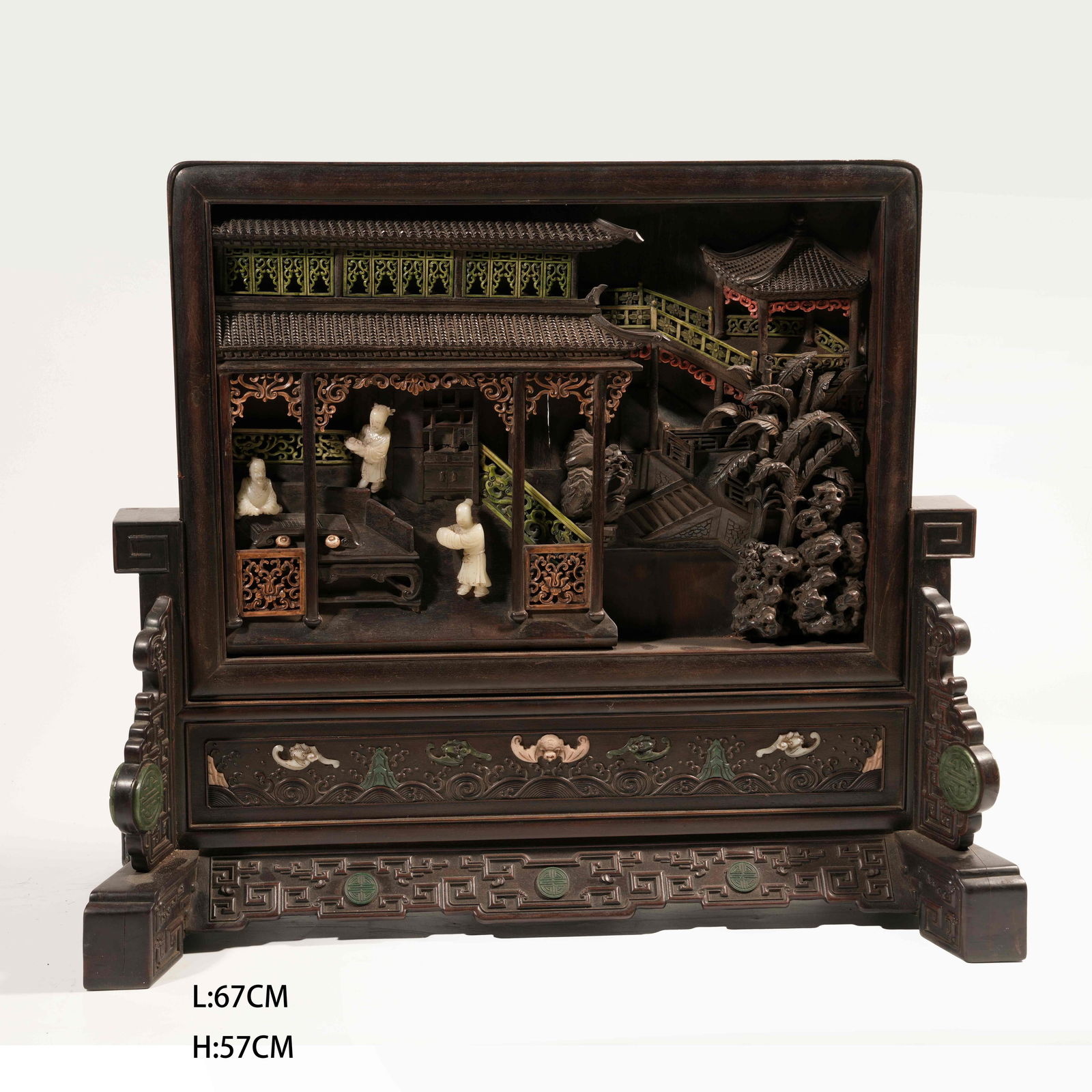 A ZITAN SCREEN PANEL INLAID WITH HETIAN JADE AND DECORATED WITH FIGURAL NARRATIVE MOTIF (1 of 9)