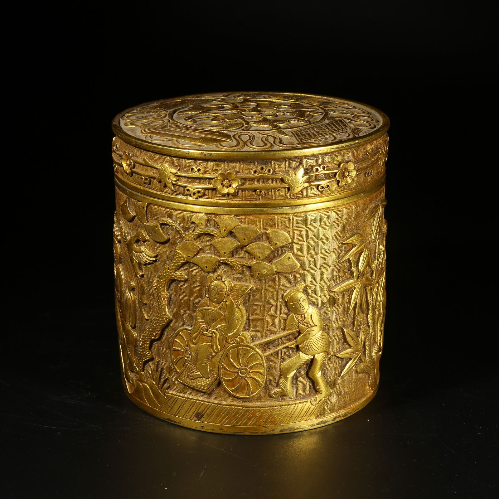 A GILT BRONZE COVERED JAR WITH FIGURES DESIGN (1 of 9)