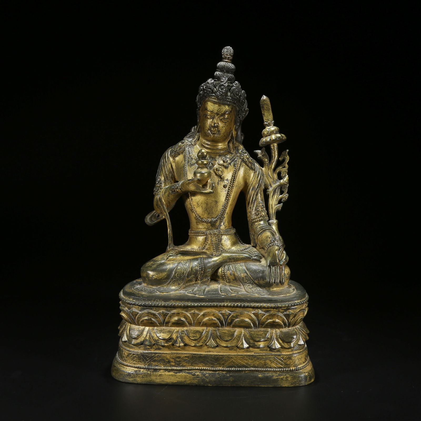 A BRONZE GILDED STATUE OF MANJUSHRI BODHISATTVA: Bronze Gilded Statue of Manjushri Bodhisattva
