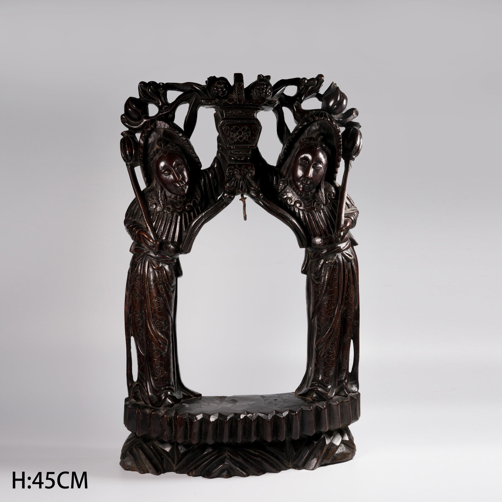 A ZITAN WOOD STAND INLAID WITH GOLD AND SILVER WIRE, LADY MOTIF: Zitan Wood Stand Inlaid with Gold and Silver Wire, Lady Motif