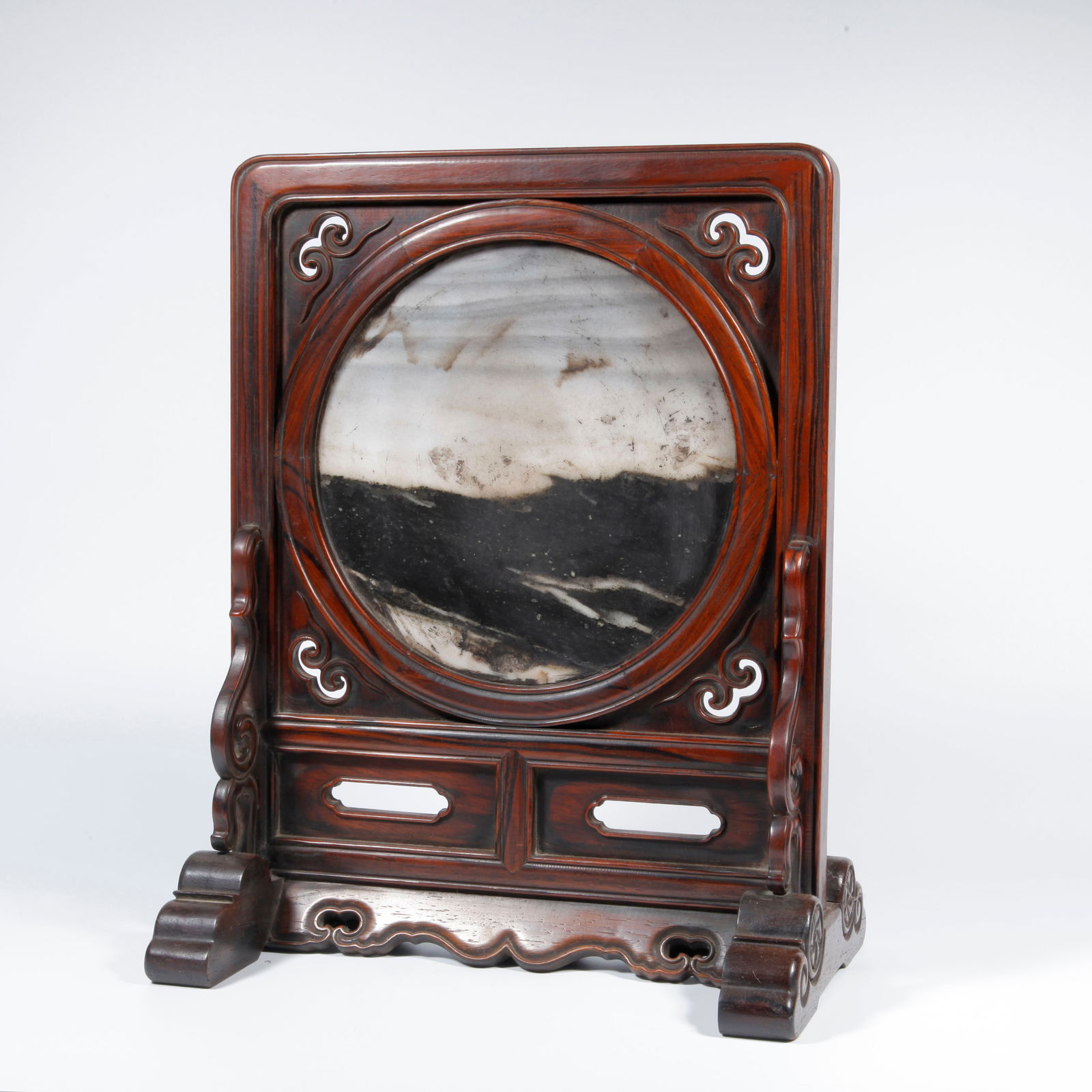 A ZITAN WOOD CARVING INLAID YUN STONE TABLE SCREEN (1 of 10)