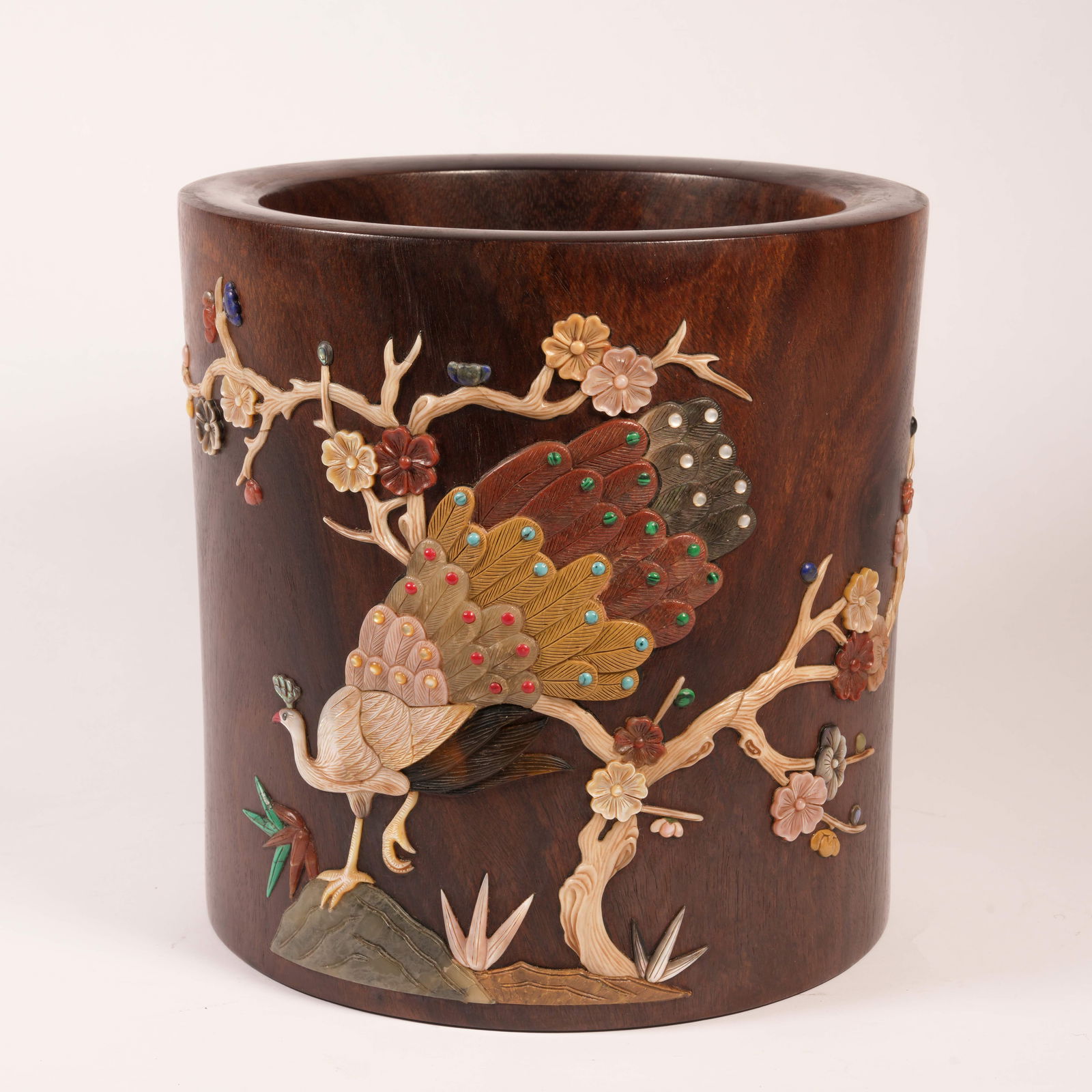 A ZITAN "HUNDRED TREASURES" INLAID BRUSH POT WITH FIGURAL NARRATIVE MOTIF: Zitan "Hundred Treasures" Inlaid Brush Pot with Figural Narrative Motif