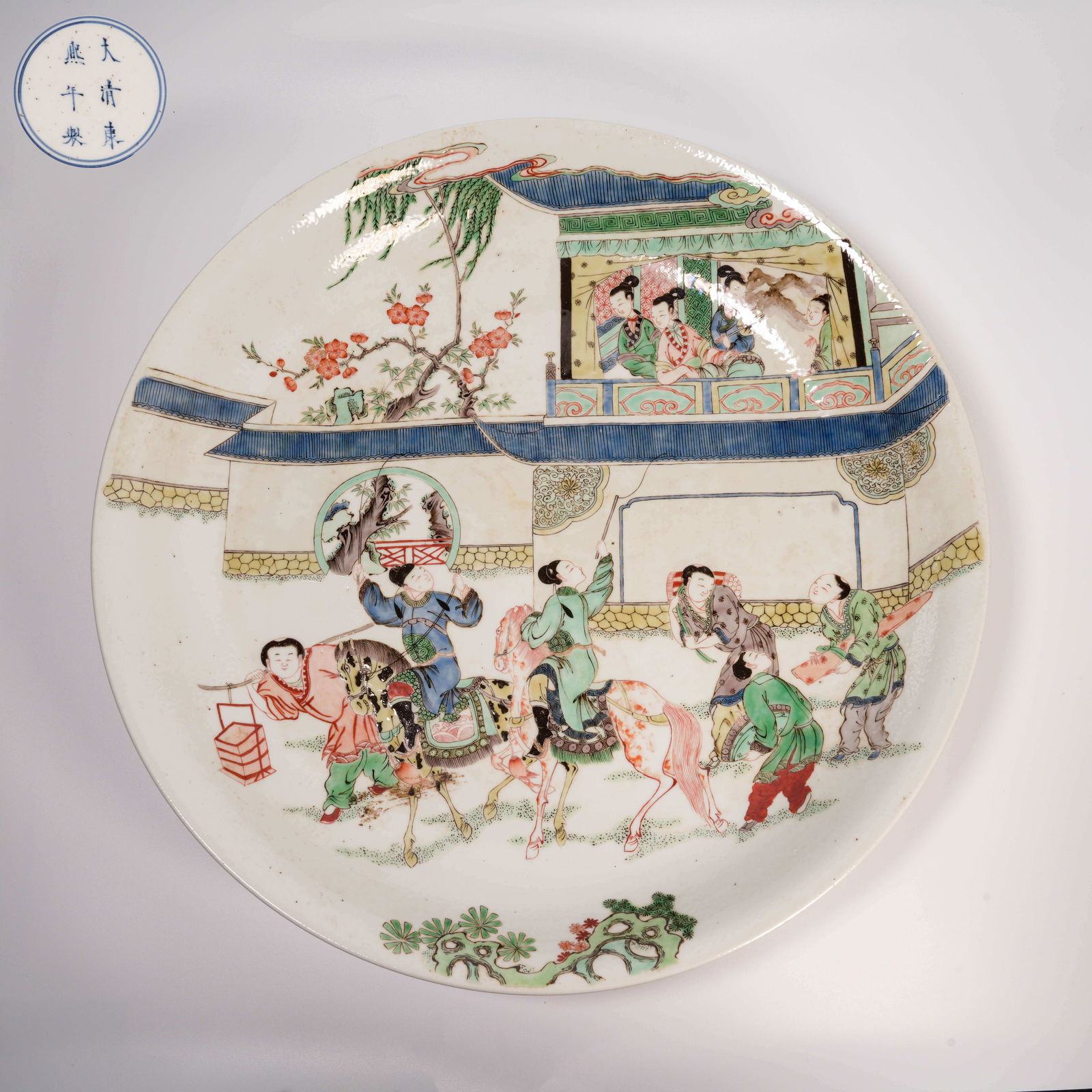 A LARGE WUCAI PLATE WITH FIGURAL STORY SCENE (1 of 7)