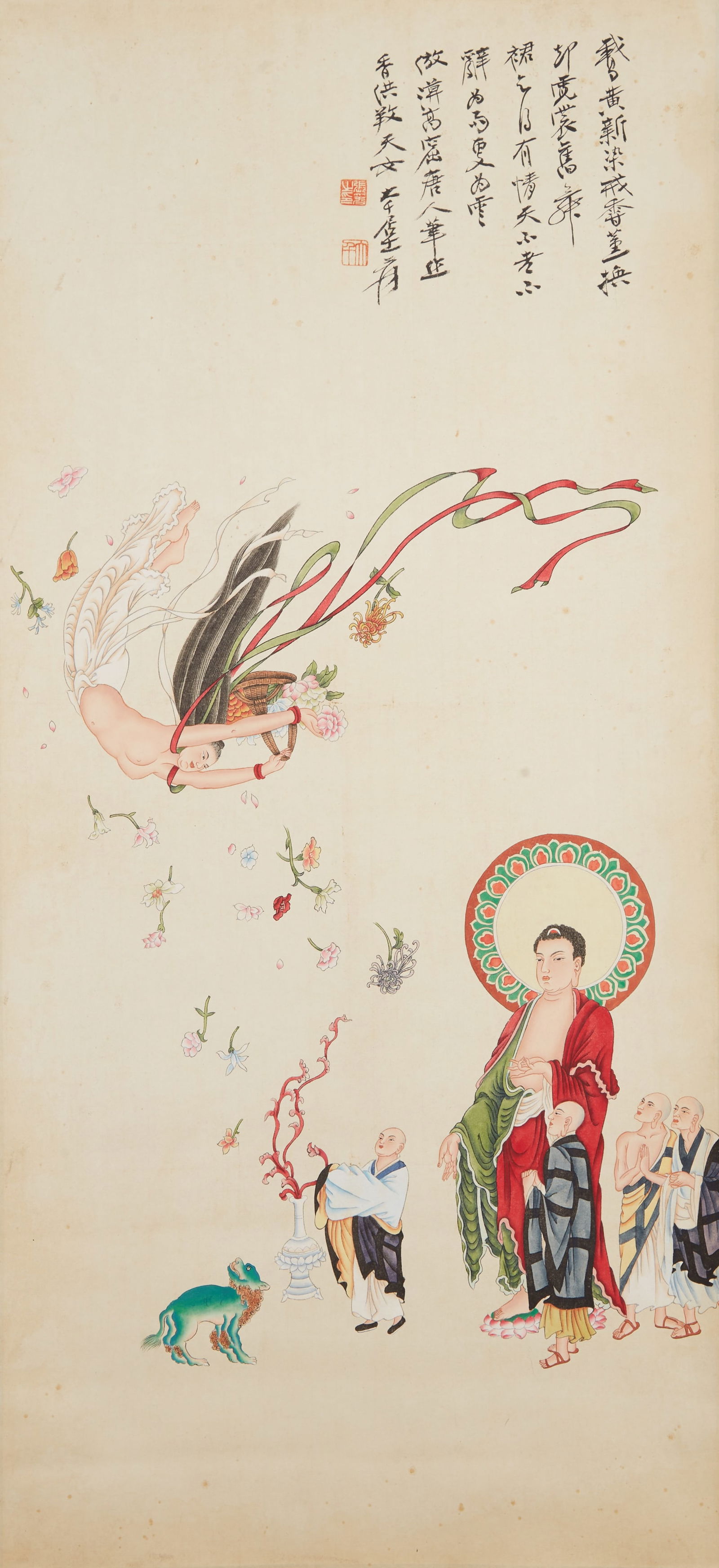 A FLYING APSARAS SCATTERING FLOWERS PAINTING ON PAPER BY ZHANG DAQIAN.張大千: Flying Apsaras Scattering Flowers Painting on Paper by Zhang Daqian.張大千