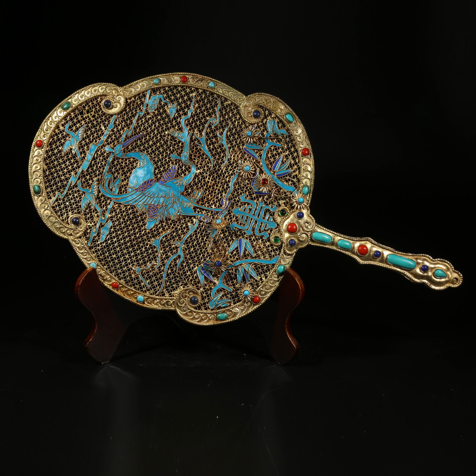 A GILT BRONZE FAN WITH INLAID GEMSTONES AND KINGFISHER CRANE DESIGN (1 of 7)