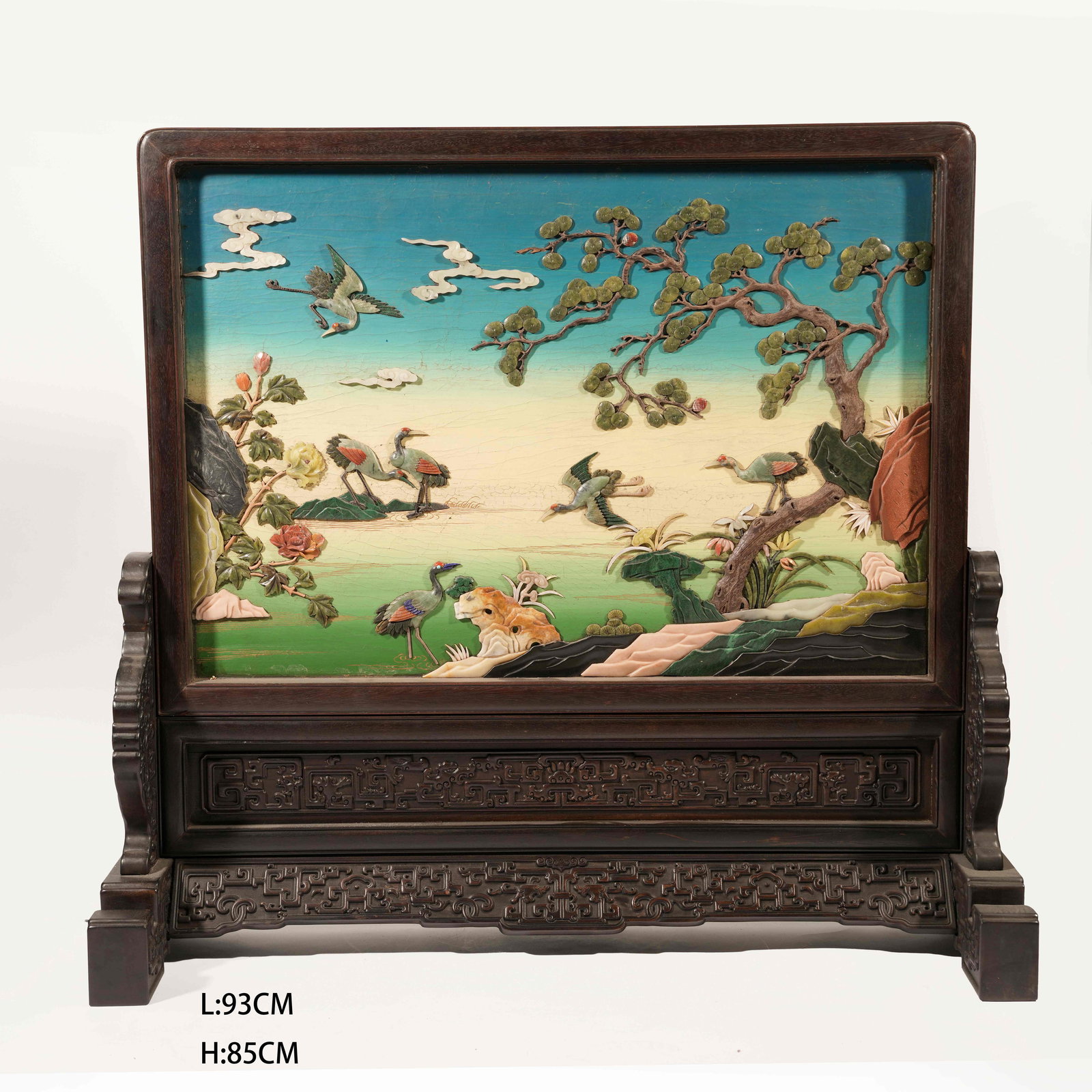 A HUANGHUALI "HUNDRED TREASURES" INLAID SCREEN PANEL WITH PINE AND CRANE LONGEVITY MOTIF: Huanghuali "Hundred Treasures" Inlaid Screen Panel with Pine and Crane Longevity Motif