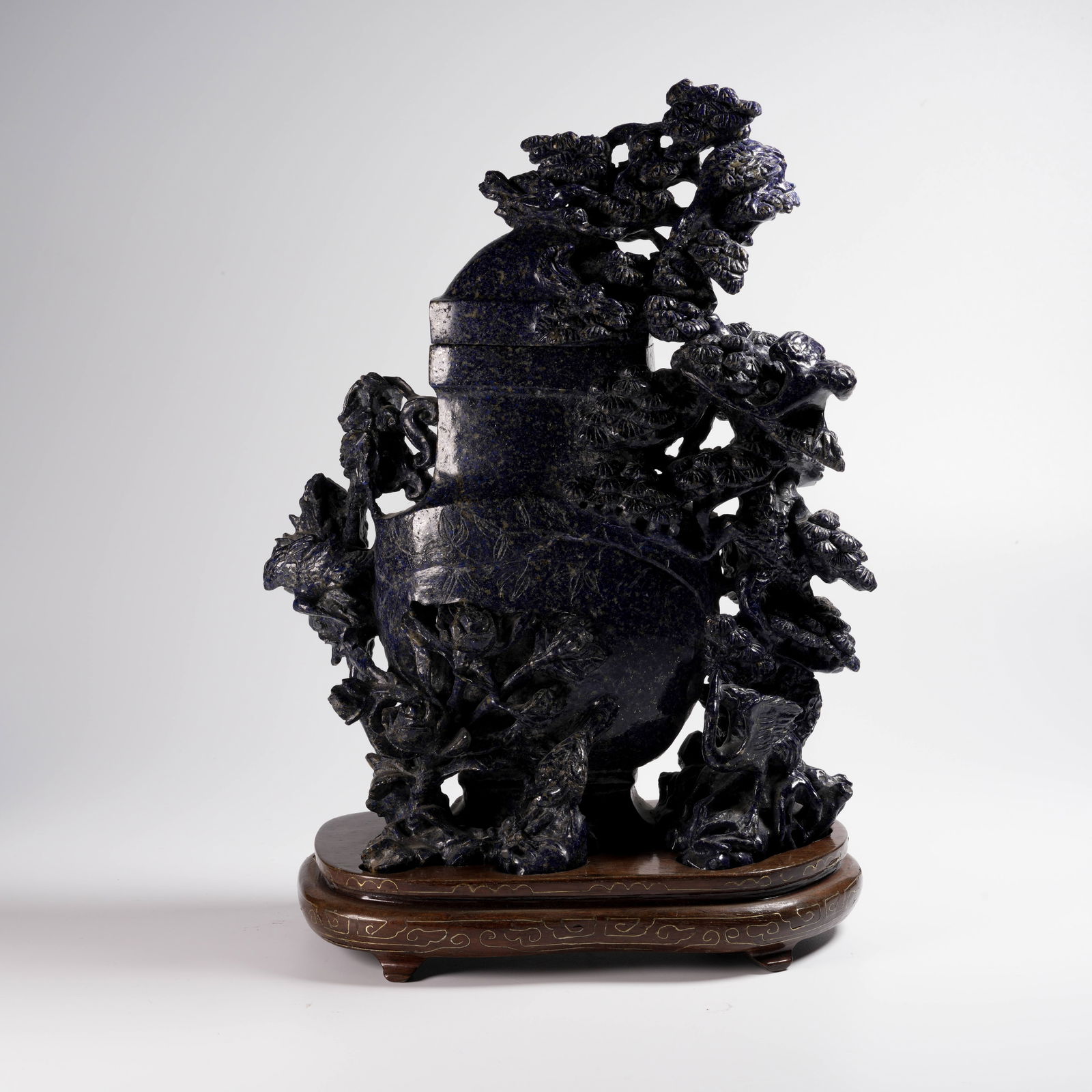 A LAPIS LAZULI "THREE FRIENDS OF WINTER" MOTIF COVERED VASE: Lapis Lazuli "Three Friends of Winter" Motif Covered Vase