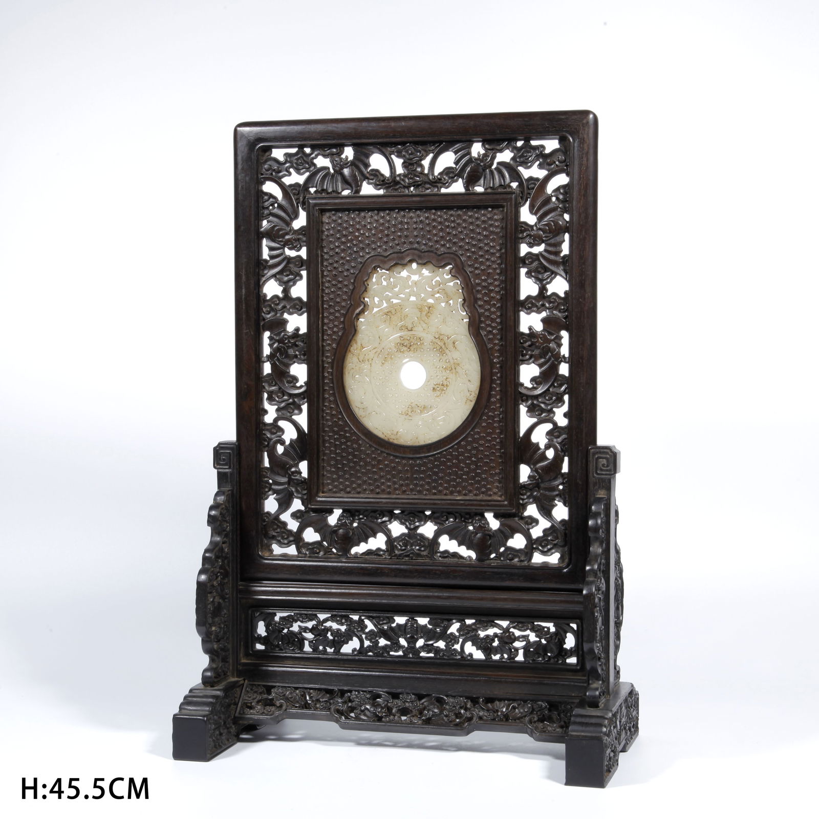 A ZITAN WOOD CARVING INLAID HETIAN JADE BI-DISC TABLE SCREEN (1 of 10)
