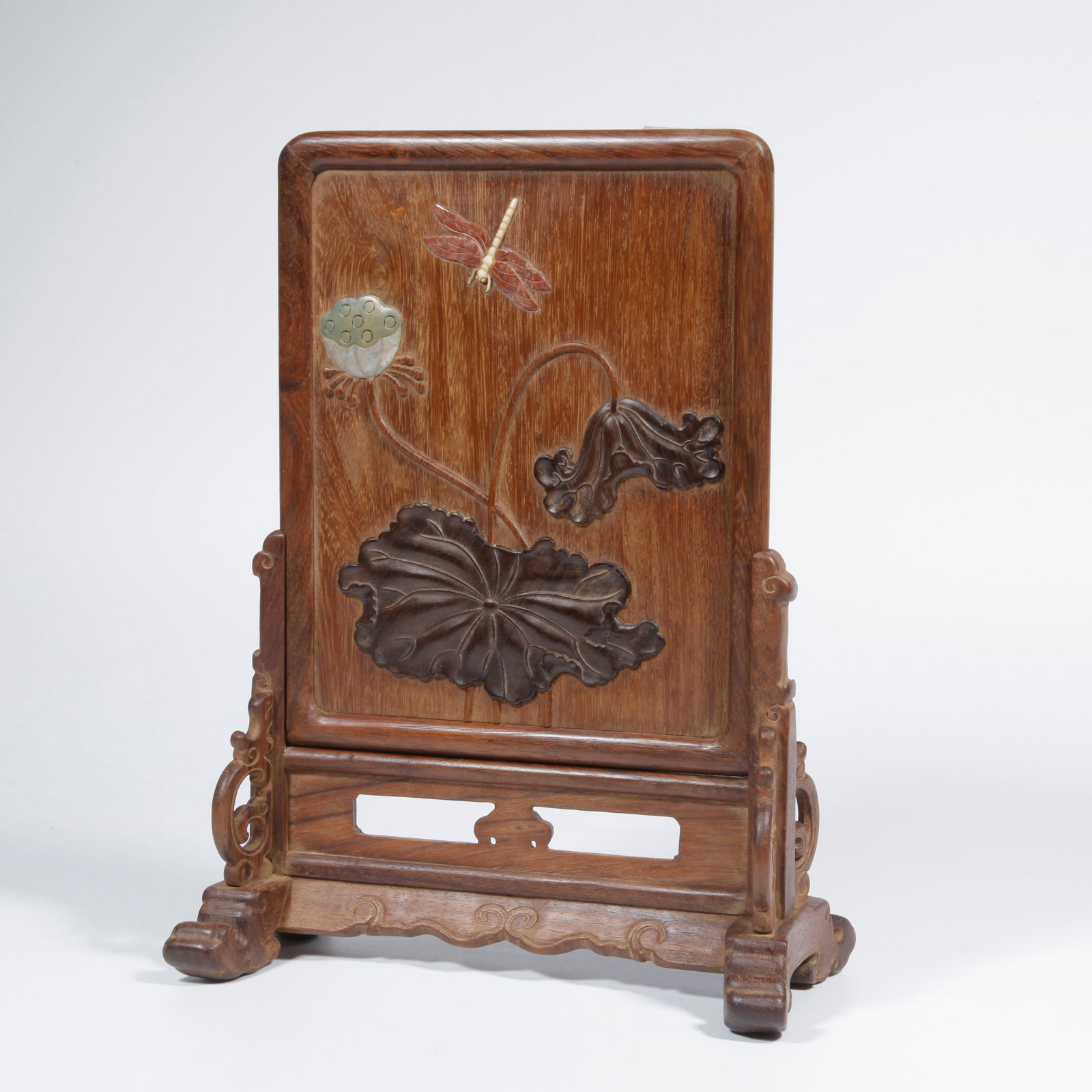 A HUANGHUALI WOOD CARVING FLOWER PATTERN TABLE SCREEN (1 of 9)