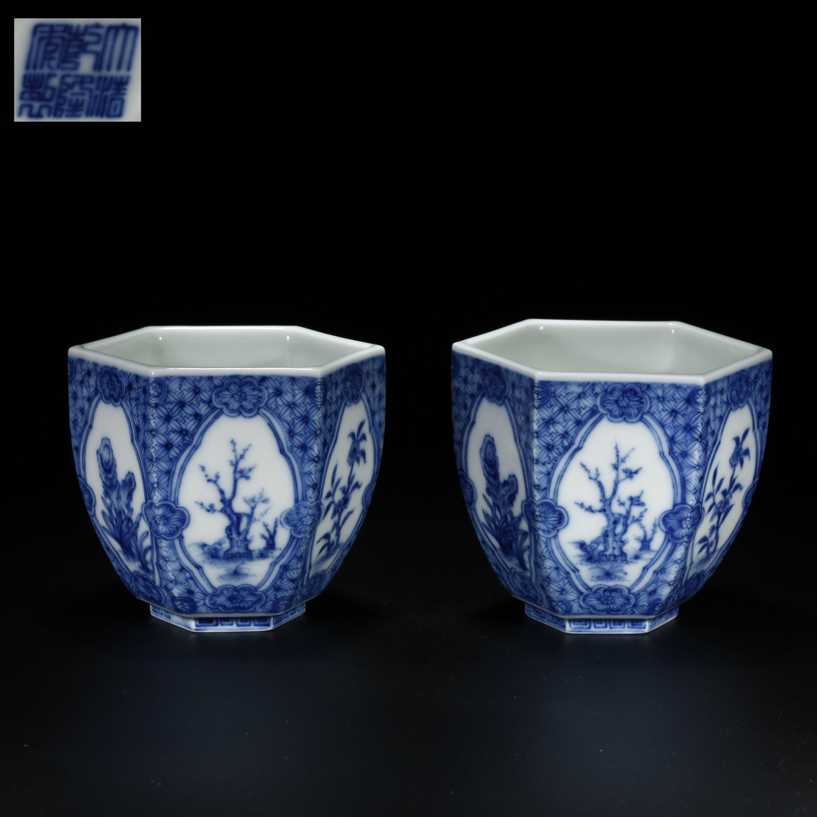 A SET OF BLUE-AND-WHITE HEXAGONAL CUPS WITH FLORAL DESIGN (1 of 10)