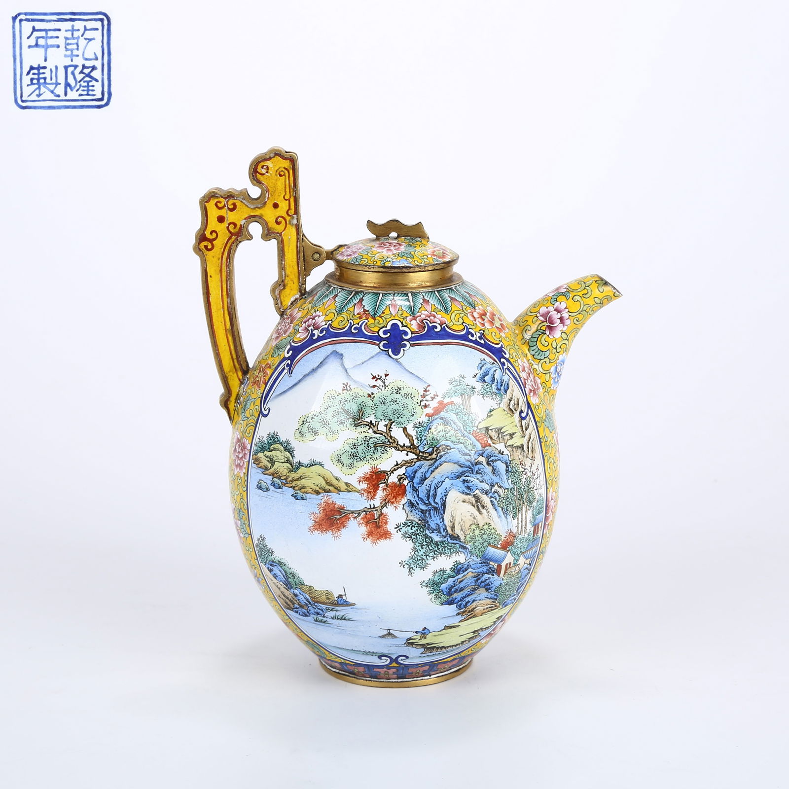 A CLOISONNÉ ENAMELED EWER WITH LANDSCAPE DESIGN: Cloisonné enameled ewer with landscape design