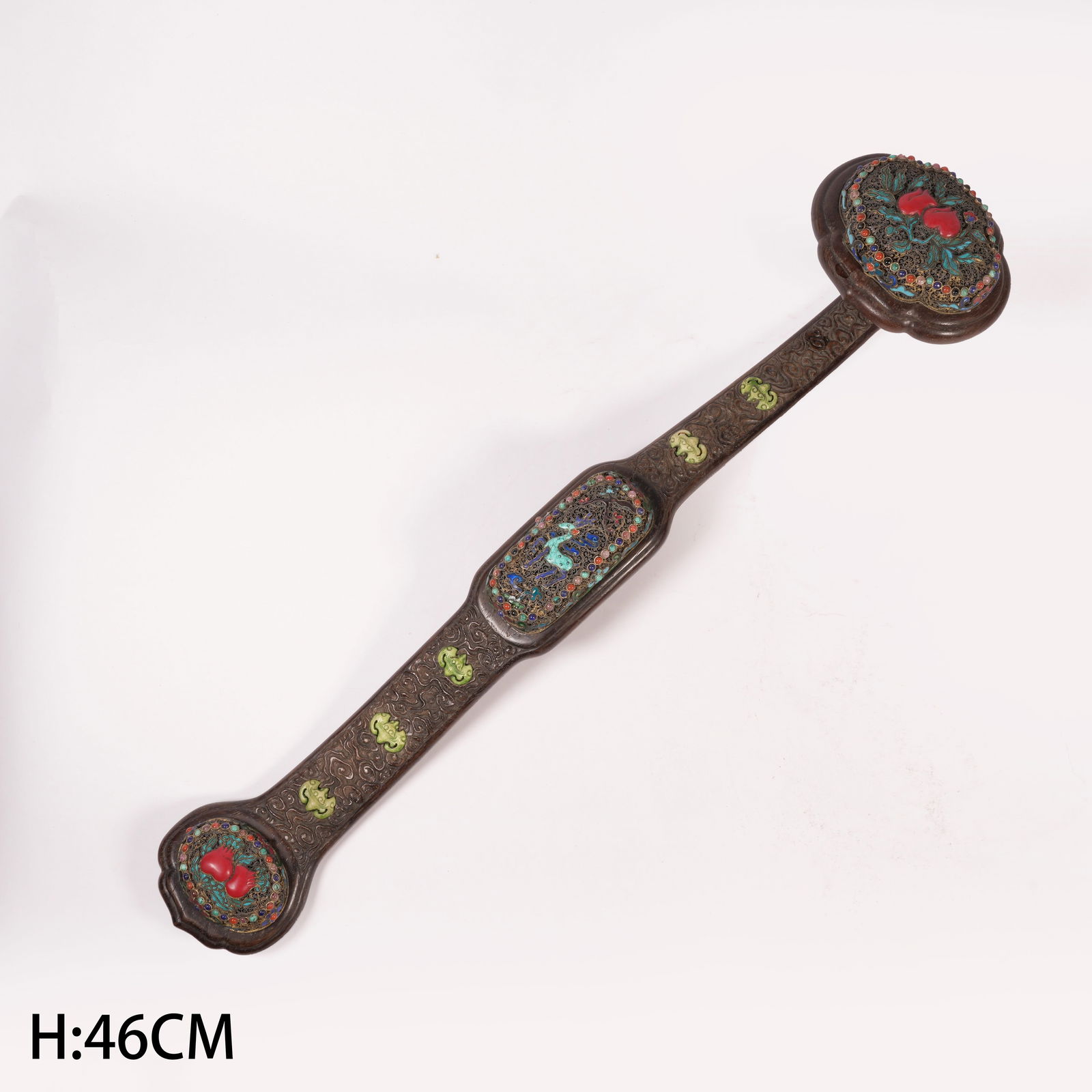 A HUANGHUALI "HUNDRED TREASURES" INLAID RUYI SCEPTRE: Huanghuali "Hundred Treasures" Inlaid Ruyi Sceptre