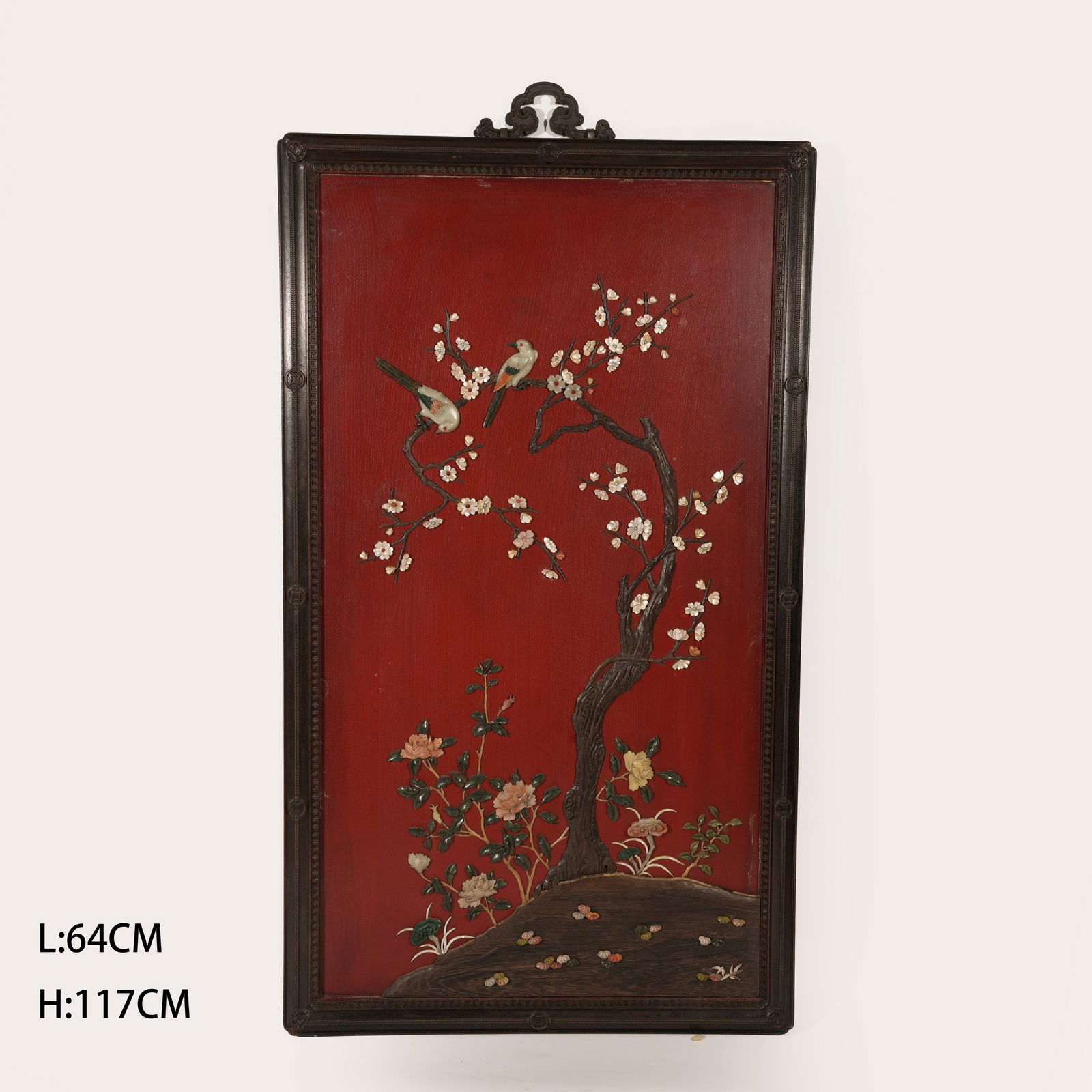 A LACQUER "HUNDRED TREASURES" INLAID HANGING PANEL WITH BIRD-AND-FLOWER MOTIF (1 of 6)