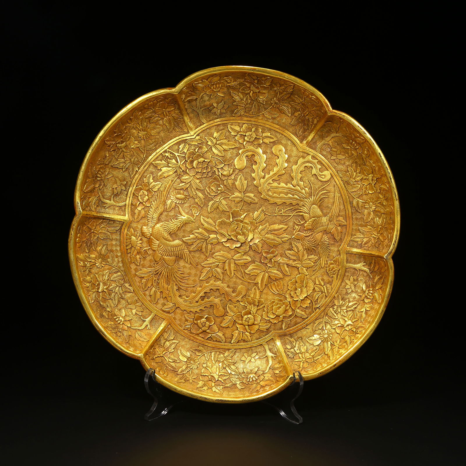 A GILT BRONZE LARGE LOBED DISH WITH FLOWERING PHOENIX DESIGN (1 of 8)