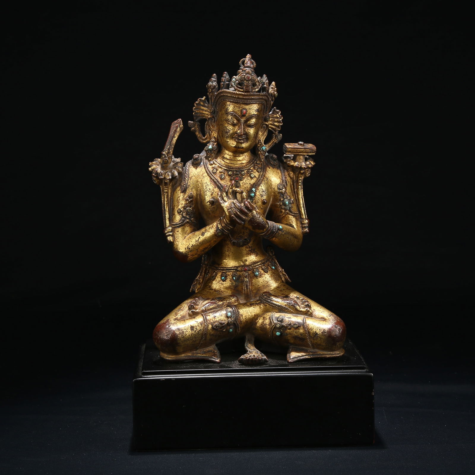 A GILT BRONZE MANJUSHRI BODHISATTVA STATUE: Gilt Bronze Manjushri Bodhisattva Statue