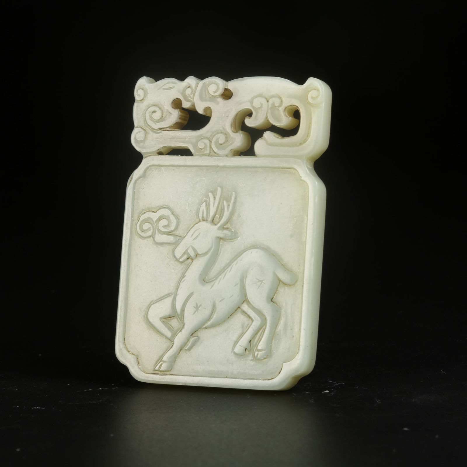 A HETIAN JADE DEER WITH LINGZHI BELT PLAQUE: Hetian Jade Deer with Lingzhi Belt Plaque