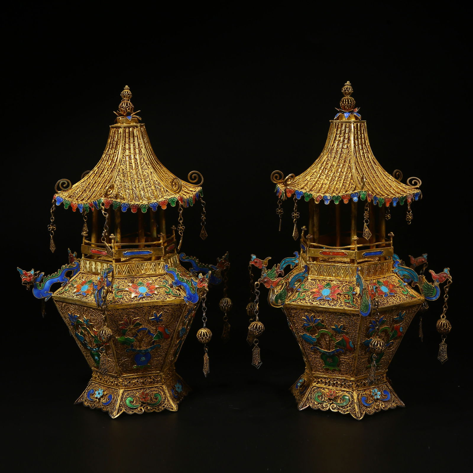 A SET OF GILT SILVER FILIGREE INCENSE PAVILIONS WITH CHAMPLEVÉ ENAMEL (1 of 10)
