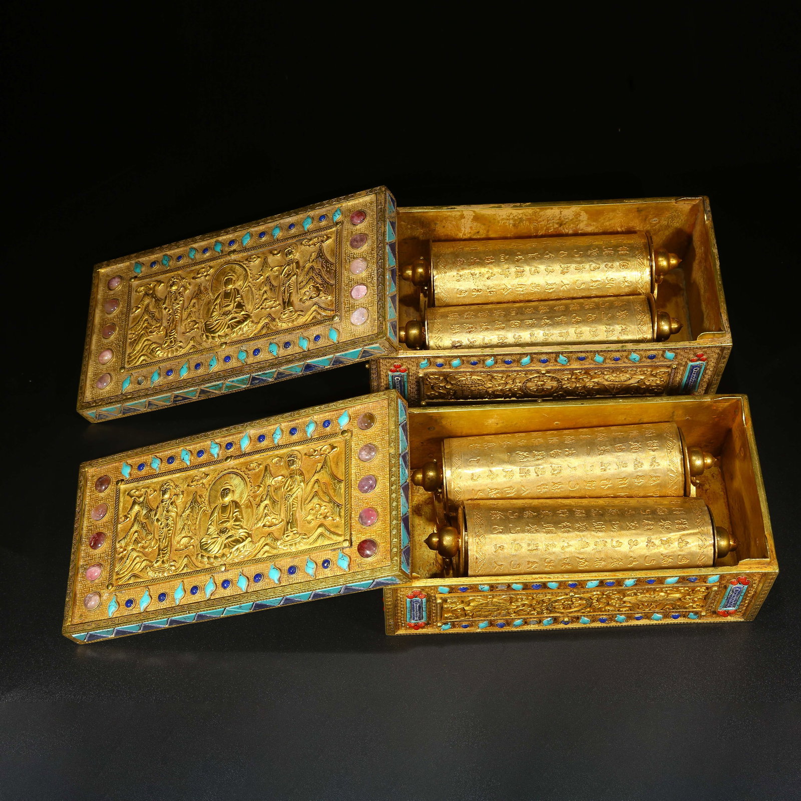 A SET OF GILT BRONZE SCRIPTURE VOLUMES INLAID WITH GEMS (1 of 9)