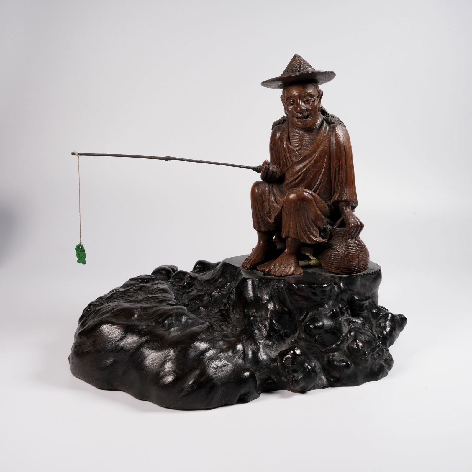 A BAMBOO ROOT CARVING OF JIANG TAIGONG FISHING ORNAMENT: Bamboo Root Carving of Jiang Taigong Fishing Ornament