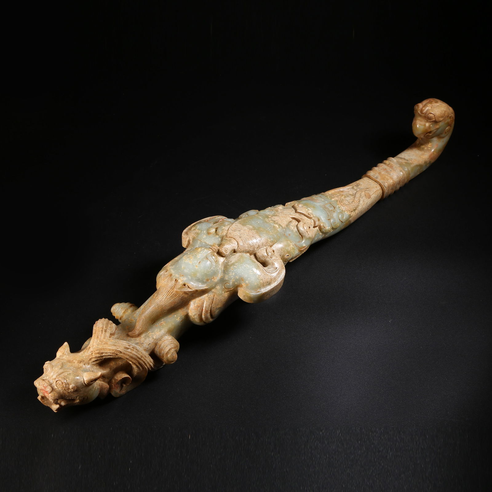 A ARCHAIC JADE LARGE BELT HOOK WITH AUSPICIOUS BEAST MOTIFS (1 of 9)