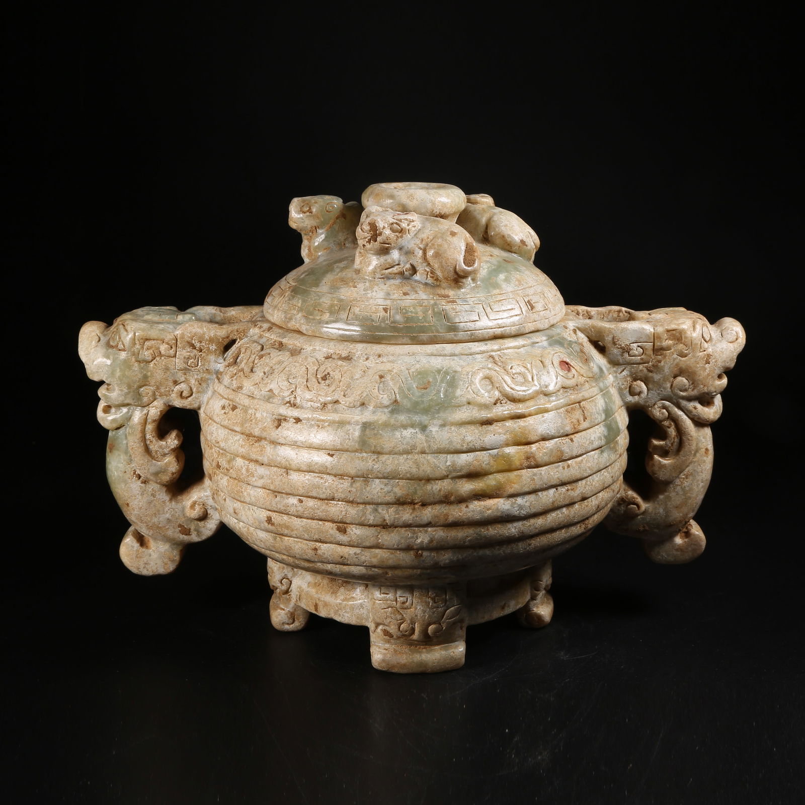 A ARCHAIC JADE LIDDED CENSER WITH BEAST-SHAPED HANDLES (1 of 10)