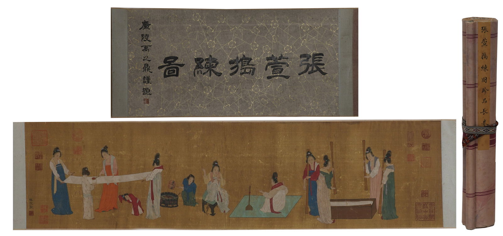 A "POUNDING SILK" PAINTING HANDSCROLL ON SILK BY ZHANG XUAN.張萱: "Pounding Silk" Painting Handscroll on Silk by Zhang Xuan.張萱