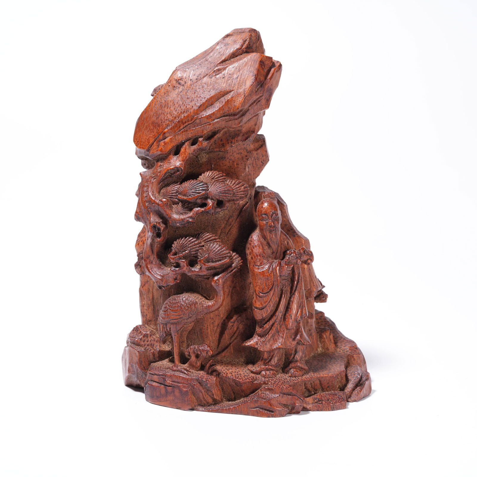 A BAMBOO ROOT CARVING PINE AND CRANE WITH FIGURE MOUNTAIN ORNAMENT (1 of 10)