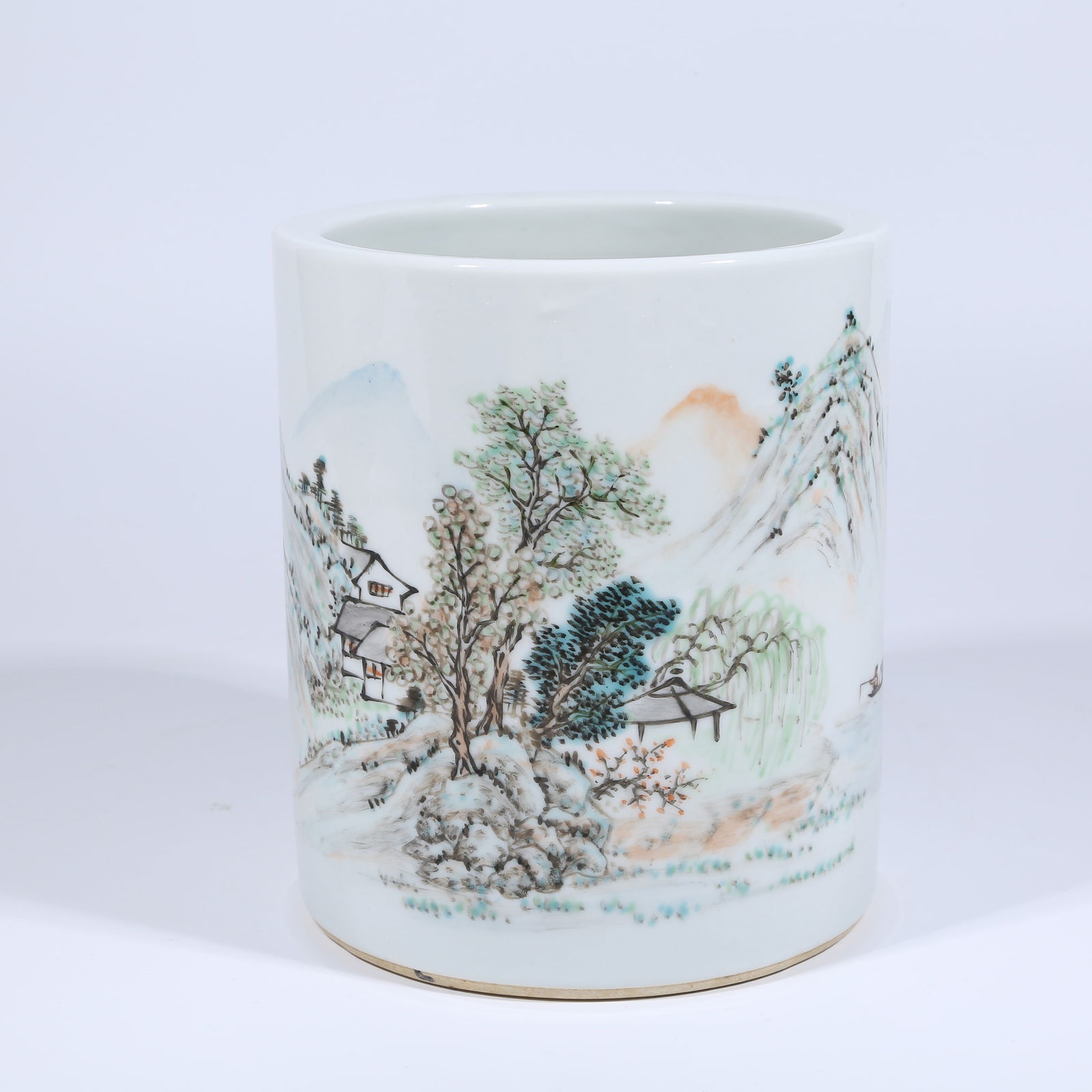 A LIGHT ENAMEL BRUSH POT WITH LANDSCAPE DESIGN: Light Enamel Brush Pot with Landscape Design