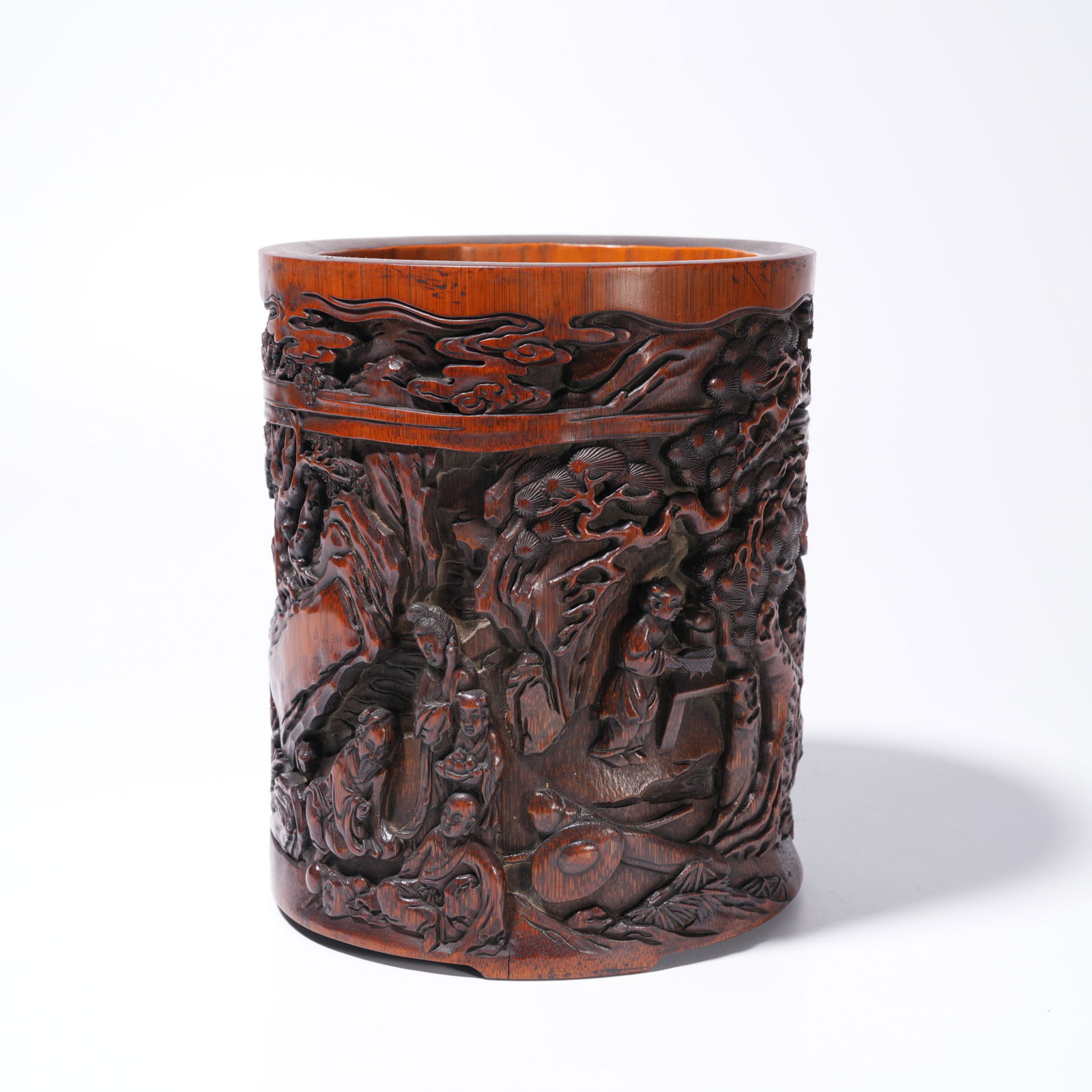 A BAMBOO ROOT CARVING LANDSCAPE AND FIGURE-PATTERN BRUSH HOLDER: Bamboo Root Carving Landscape and Figure-Pattern Brush Holder