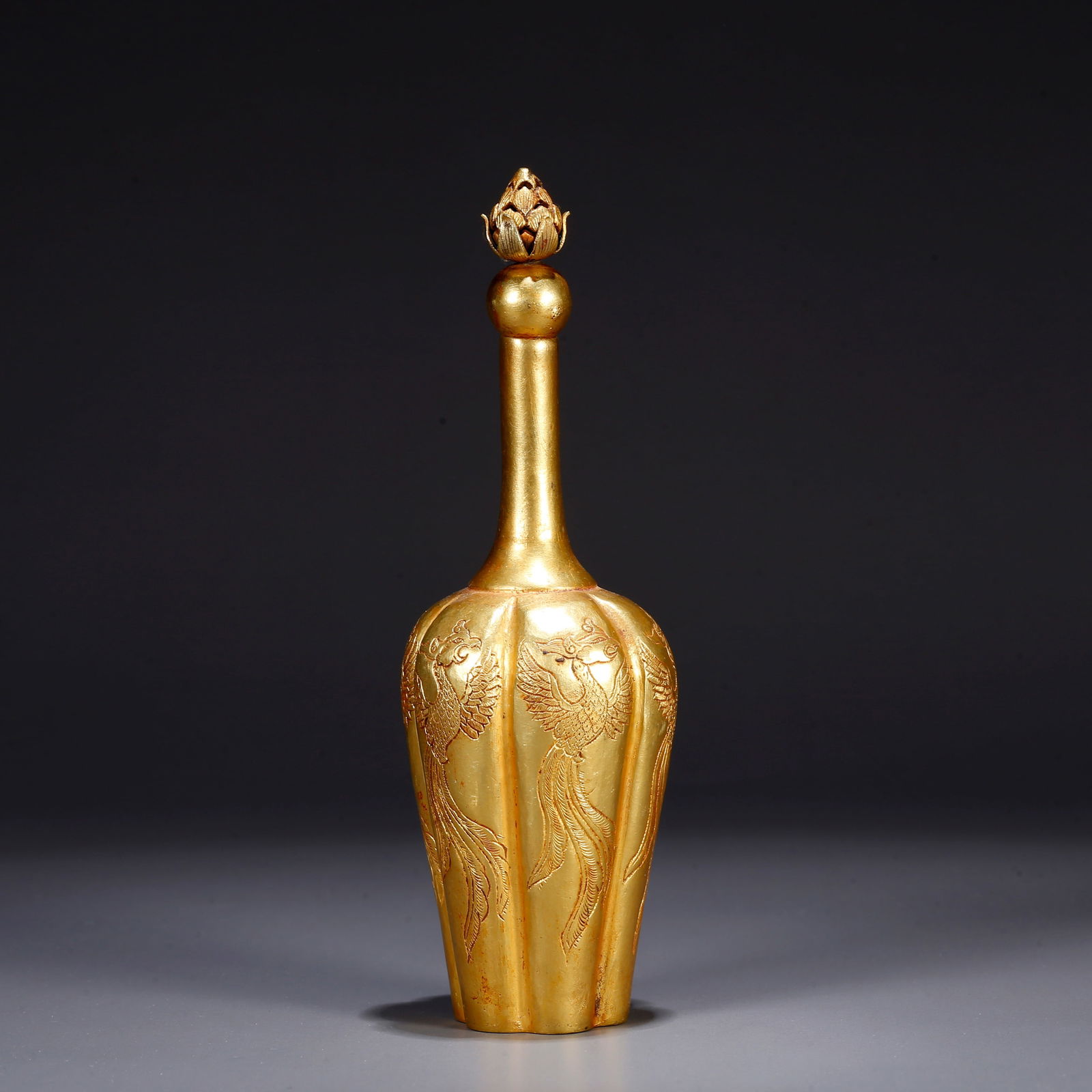 A GILT BRONZE LOBED VASE WITH PHOENIX MOTIF (1 of 9)