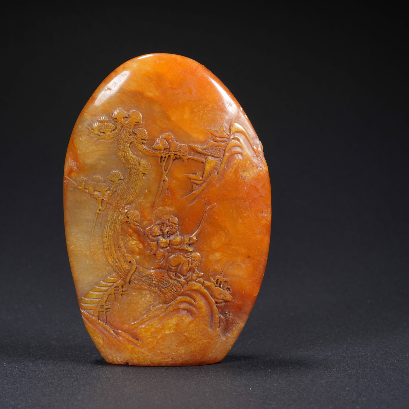 A SHOUSHAN TIANHUANG STONE CARVED SEAL WITH LANDSCAPE AND FIGURAL MOTIF: Shoushan Tianhuang Stone Carved Seal with Landscape and Figural Motif